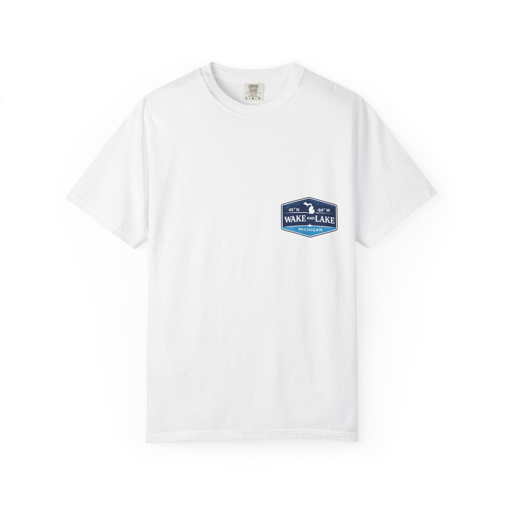 Wake and Lake Michigan Shield Tee worn on a Great Lakes dock
Bold Michigan crest graphic t-shirt for lake life
Michigan boating shirt with Wake and Lake shield logo
Unisex cotton tee with Michigan state pride lake graphic
