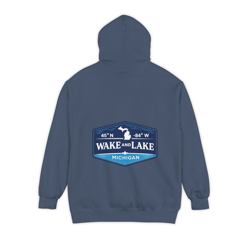 Wake and Lake Michigan Shield Hoodie – Premium in Denim, back view, with the 45°N -84°W coordinate badge across the shoulders.