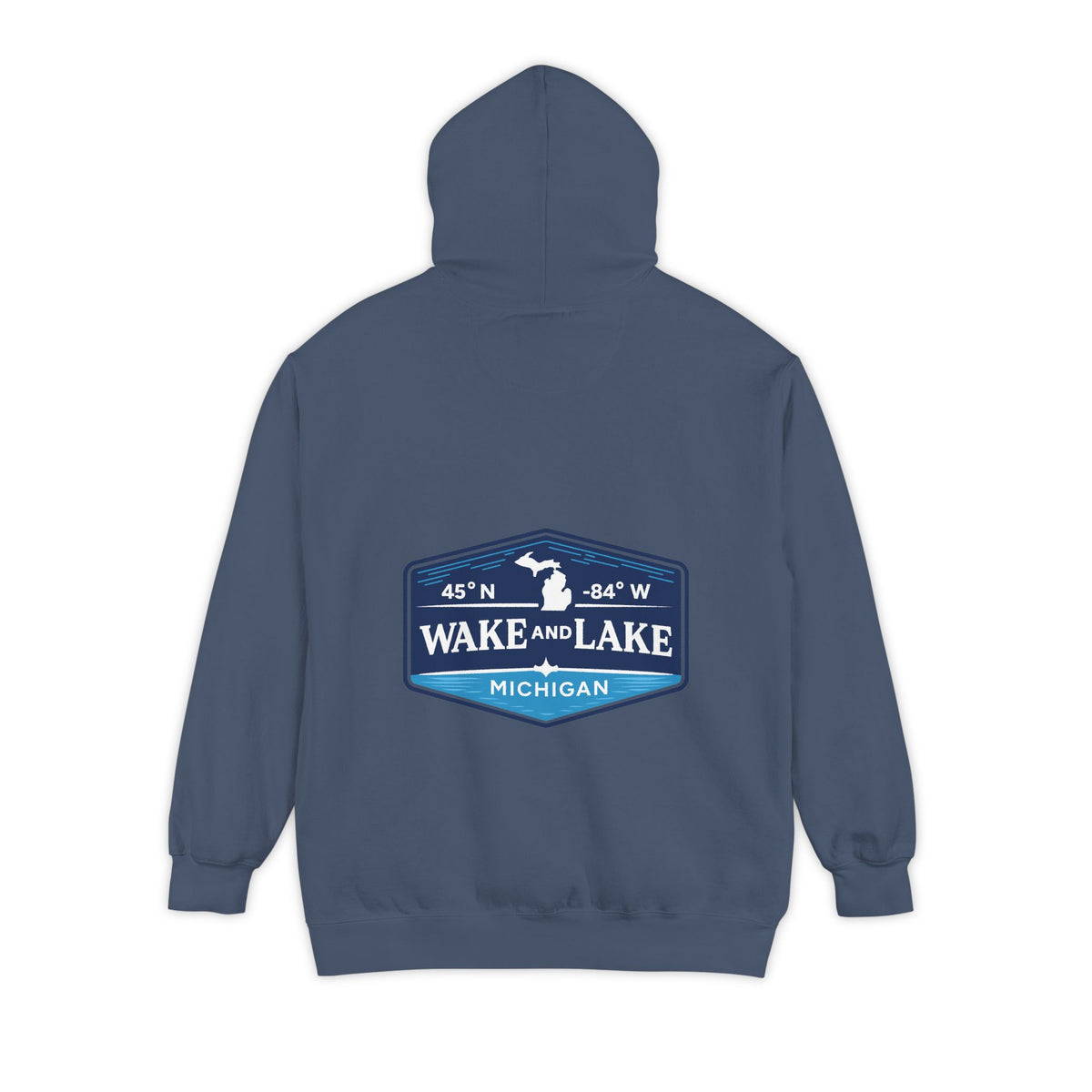 Wake and Lake Michigan Shield Hoodie – Premium in Denim, back view, with the 45°N -84°W coordinate badge across the shoulders.