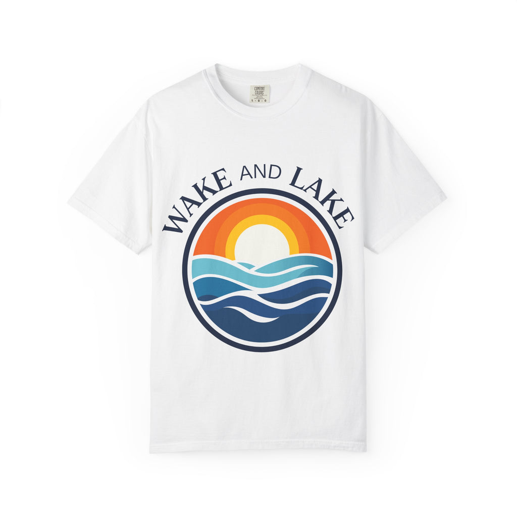 Wake and Lake Life Circle Crest Tee light color on a sunny lake day
White or sand-colored unisex lake t-shirt with circle crest logo
Light summer boating shirt with Wake and Lake branding
Breathable cotton lake life tee in light colorway
