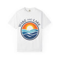 Wake and Lake Life Circle Crest Tee light color on a sunny lake day
White or sand-colored unisex lake t-shirt with circle crest logo
Light summer boating shirt with Wake and Lake branding
Breathable cotton lake life tee in light colorway
