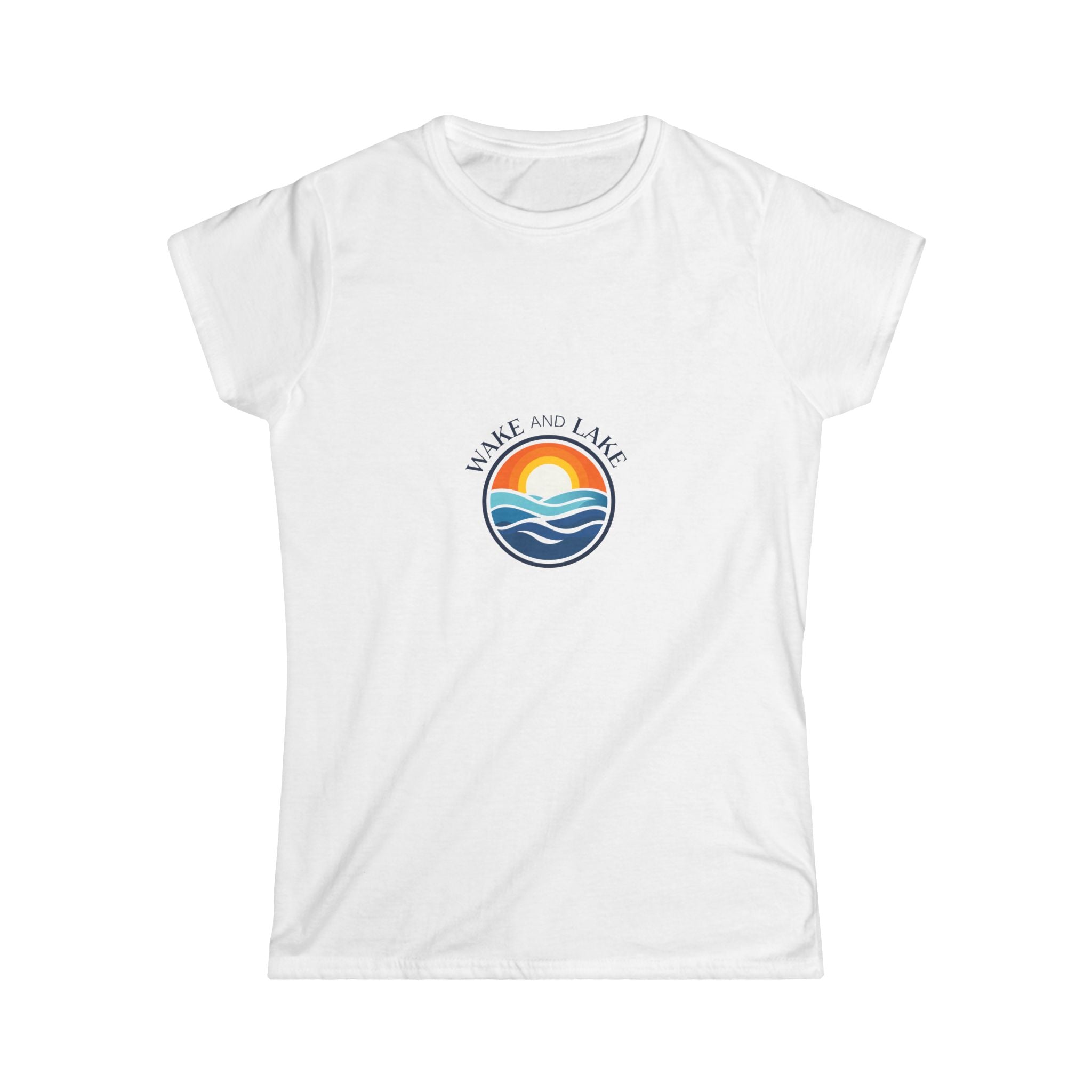 Wake and Lake Circle Crest Women's Fitted Tee, white, front view
