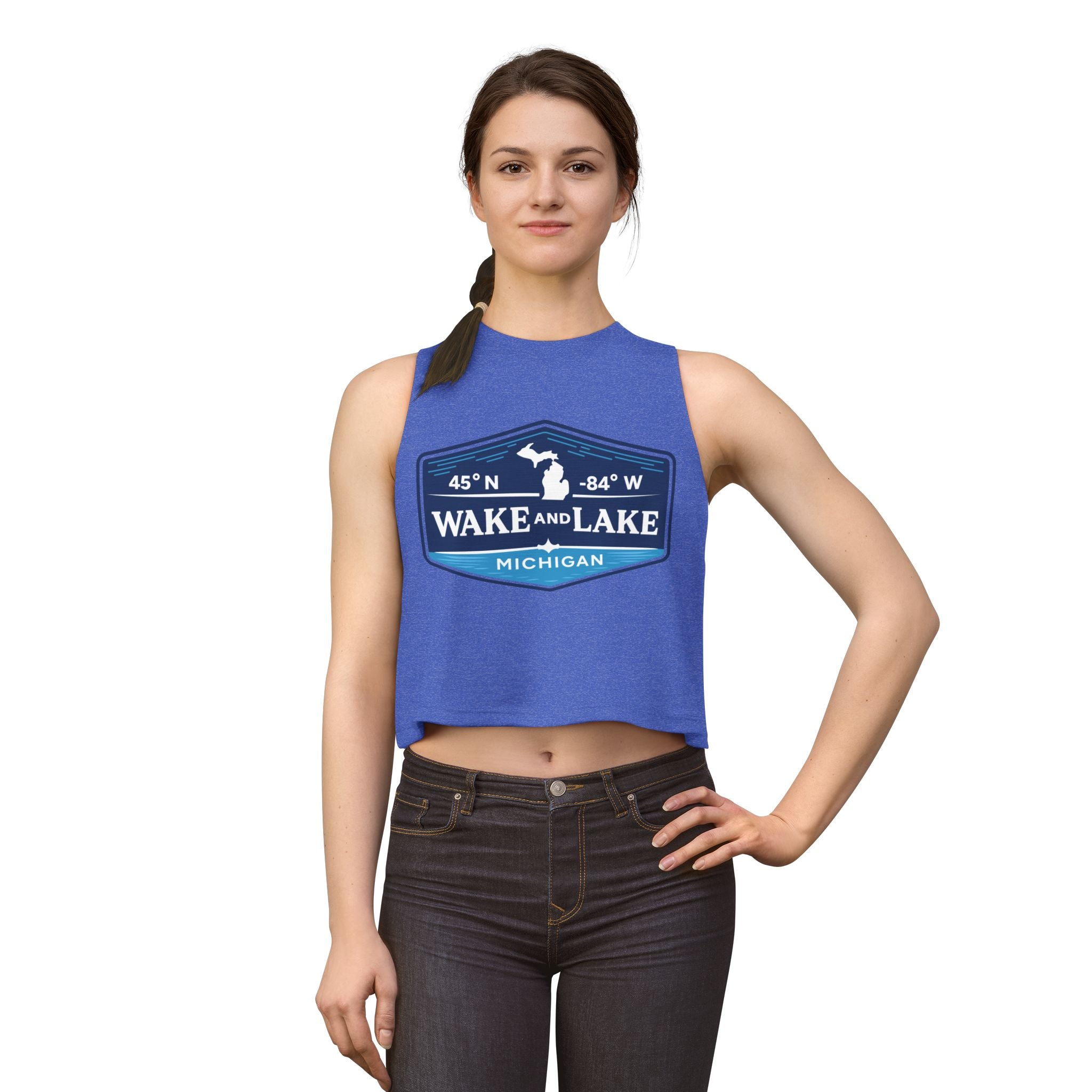 Wake and Lake Michigan Shield Women's Crop Tee – Fitted, sleeveless, blue, front view on model