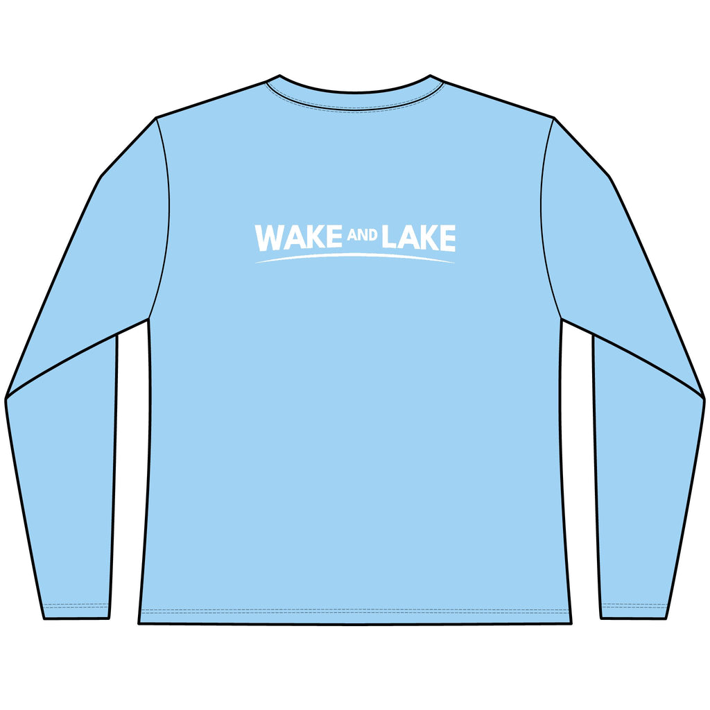 Womens, Light blue, UV Pro, long-sleeve tee-shirt with 'Wake and Lake' graphic design on a white background on the back, circle crest logo on the front.

