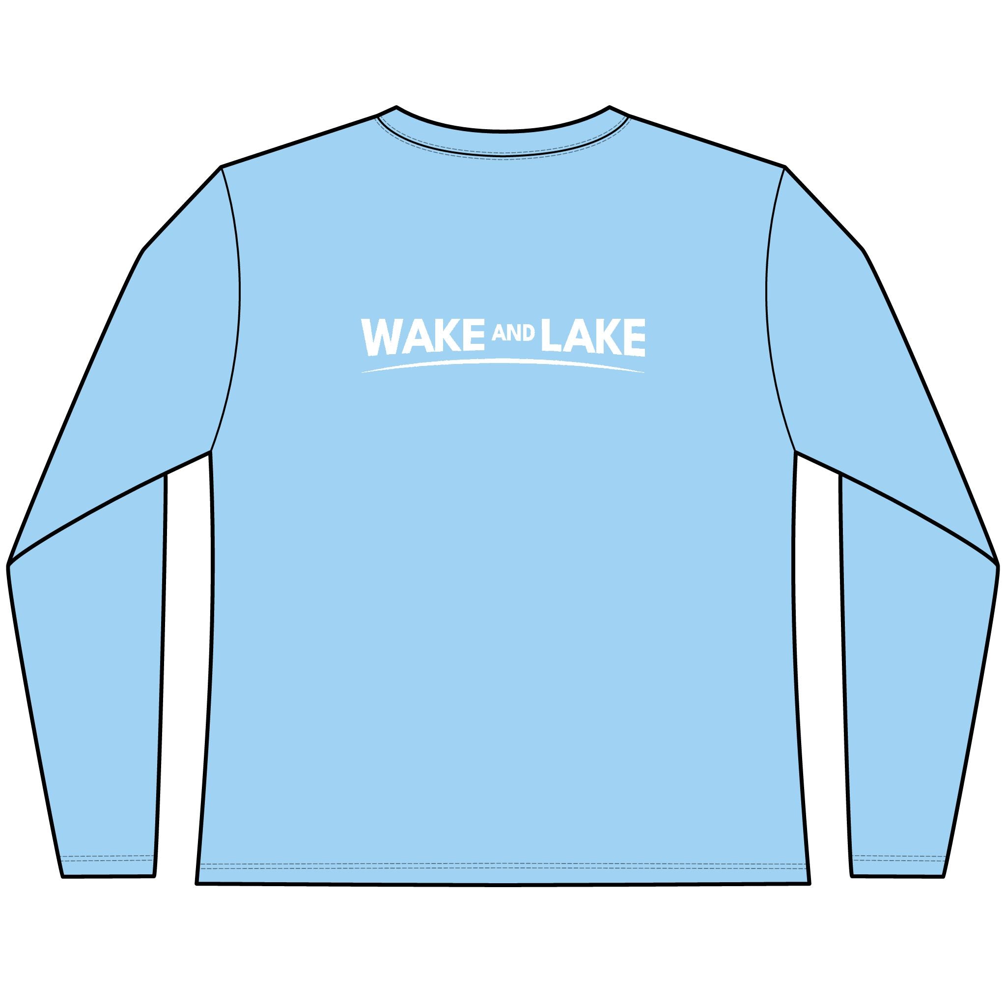 Womens, Light blue, UV Pro, long-sleeve tee-shirt with 'Wake and Lake' graphic design on a white background on the back, circle crest logo on the front.


