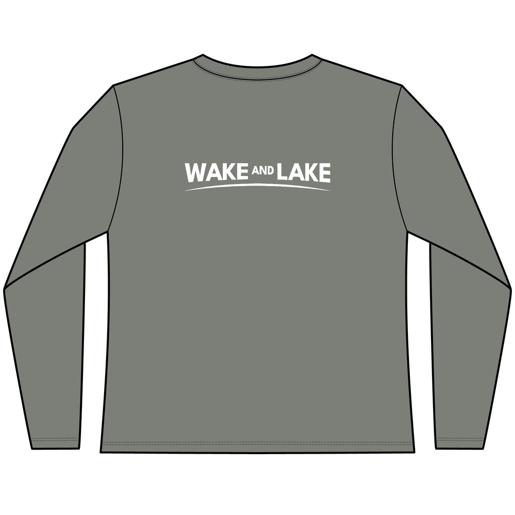 Women's Grey, UV Pro, long-sleeve tee-shirt with 'Wake and Lake' graphic design on the back with the circle crest logo on the front.
