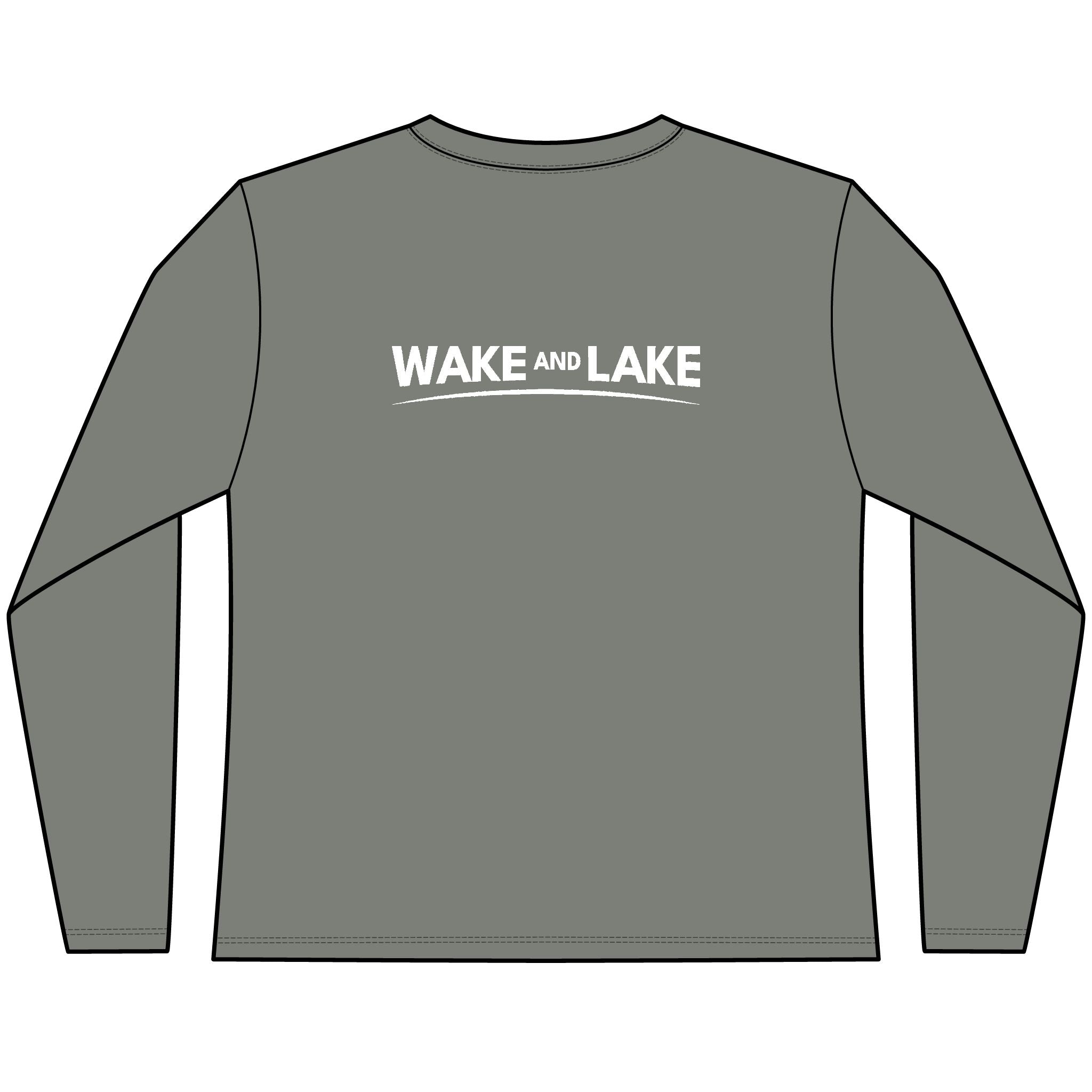 Women's Grey, UV Pro, long-sleeve tee-shirt with 'Wake and Lake' graphic design on the back with the circle crest logo on the front.
