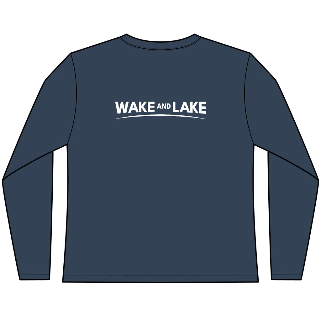 Women's Navy, UV Pro,  long-sleeve tee-shirt with 'Wake and Lake' graphic design on the back with the circle crest logo on the front.
