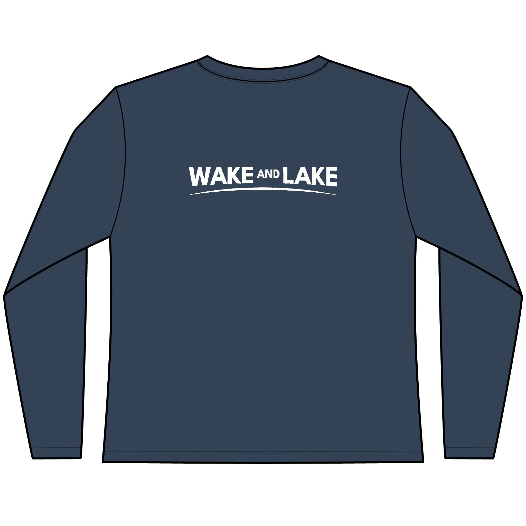 Women's Navy, UV Pro,  long-sleeve tee-shirt with 'Wake and Lake' graphic design on the back with the circle crest logo on the front.
