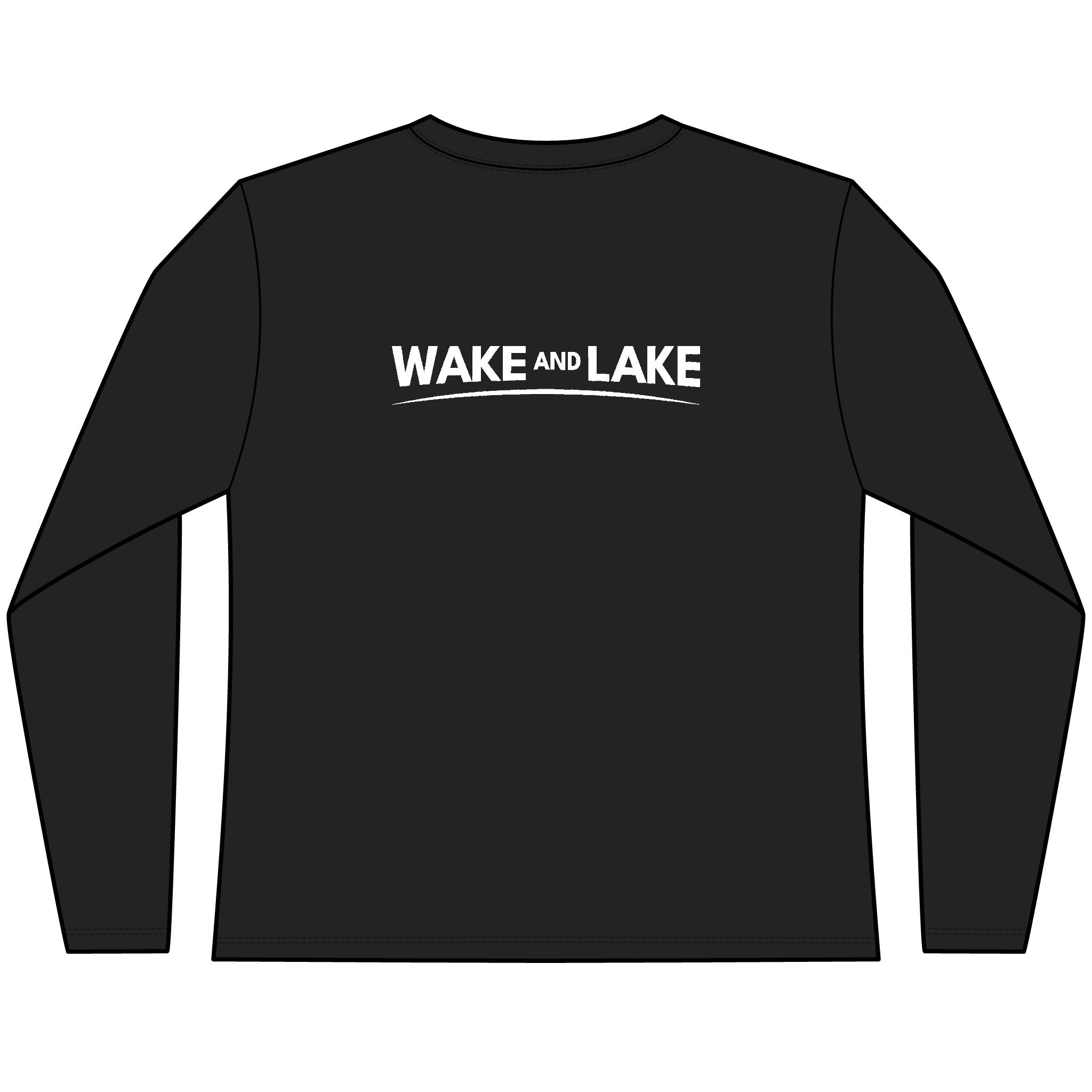 Women's Black, UV Pro, long-sleeve tee-shirt with 'Wake and Lake' graphic design on the back with the circle crest logo on the front.
