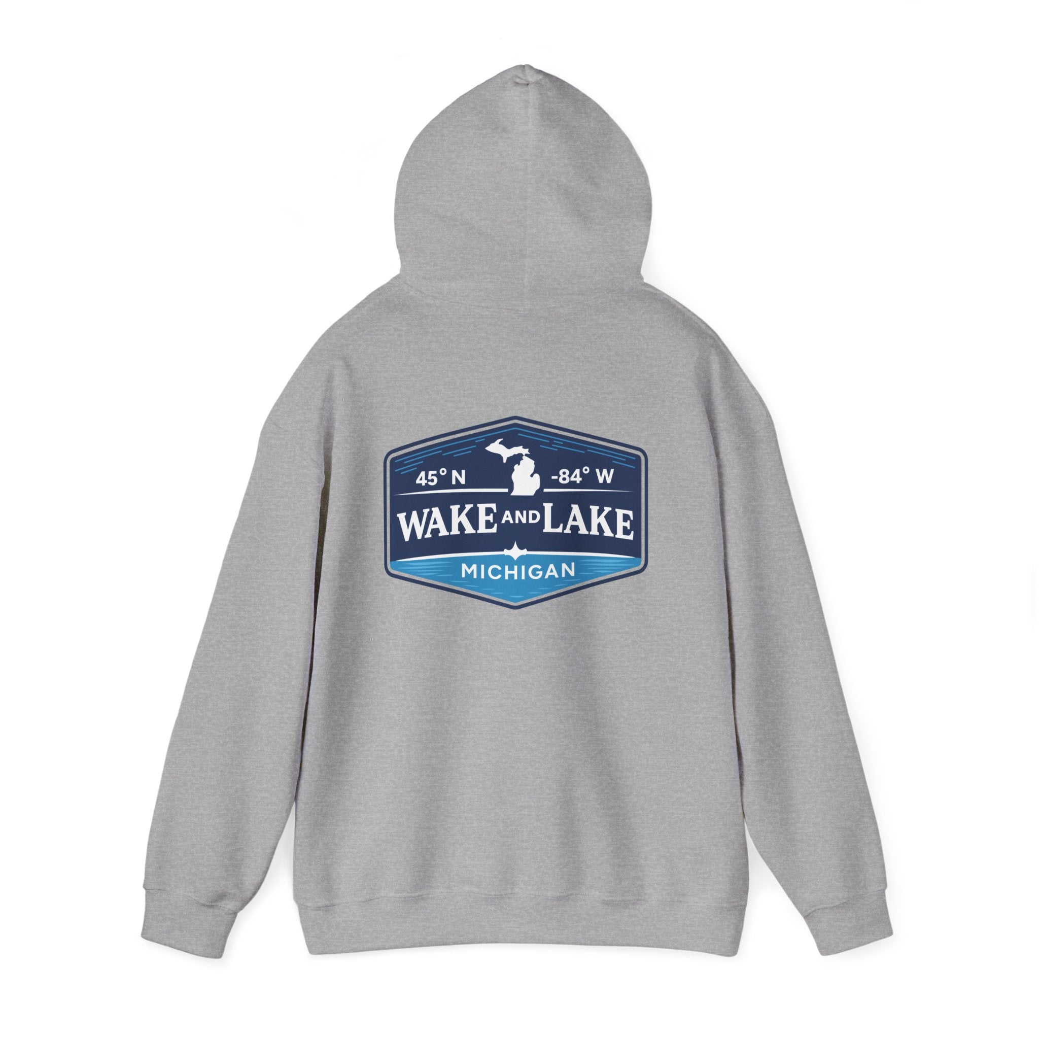 Wake and Lake Michigan Shield Hoodie worn on a foggy Great Lakes morning
Midweight Michigan crest sweatshirt for lake life
Michigan boating hoodie with bold shield graphic and Wake and Lake branding
Unisex Great Lakes fleece hoodie with Michigan shield crest
