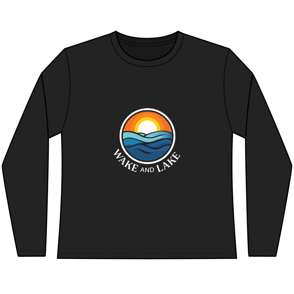 Wake and Lake Circle Crest Women's Long Sleeve Tee on an autumn dock
Soft fitted women's long sleeve lake life shirt with crest graphic
Wake and Lake branded women's shoulder-season tee
Circle crest long sleeve cotton top for cool lake mornings
