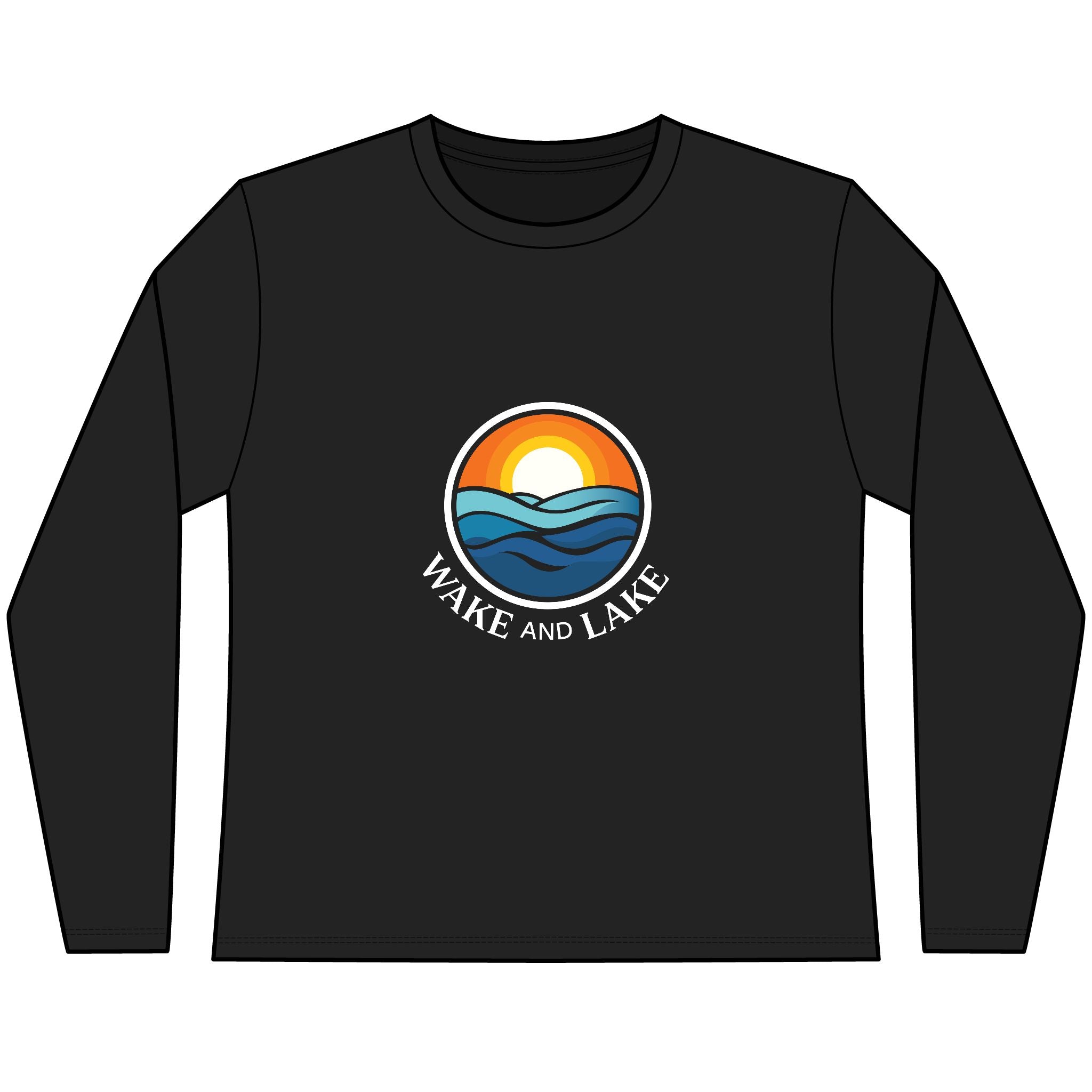 Wake and Lake Circle Crest Women's Long Sleeve Tee on an autumn dock
Soft fitted women's long sleeve lake life shirt with crest graphic
Wake and Lake branded women's shoulder-season tee
Circle crest long sleeve cotton top for cool lake mornings

