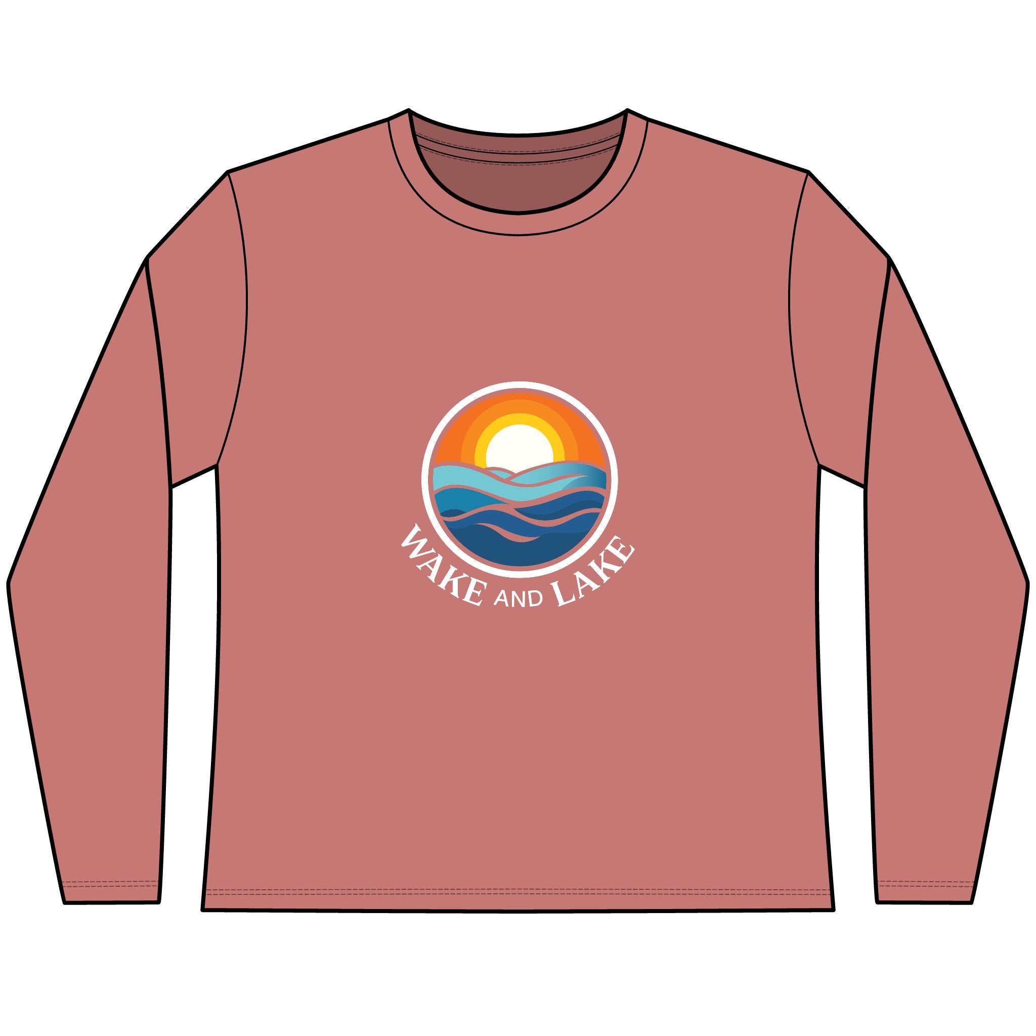 Wake and Lake Circle Crest Women's Long Sleeve Tee on an autumn dock
Soft fitted women's long sleeve lake life shirt with crest graphic
Wake and Lake branded women's shoulder-season tee
Circle crest long sleeve cotton top for cool lake mornings
