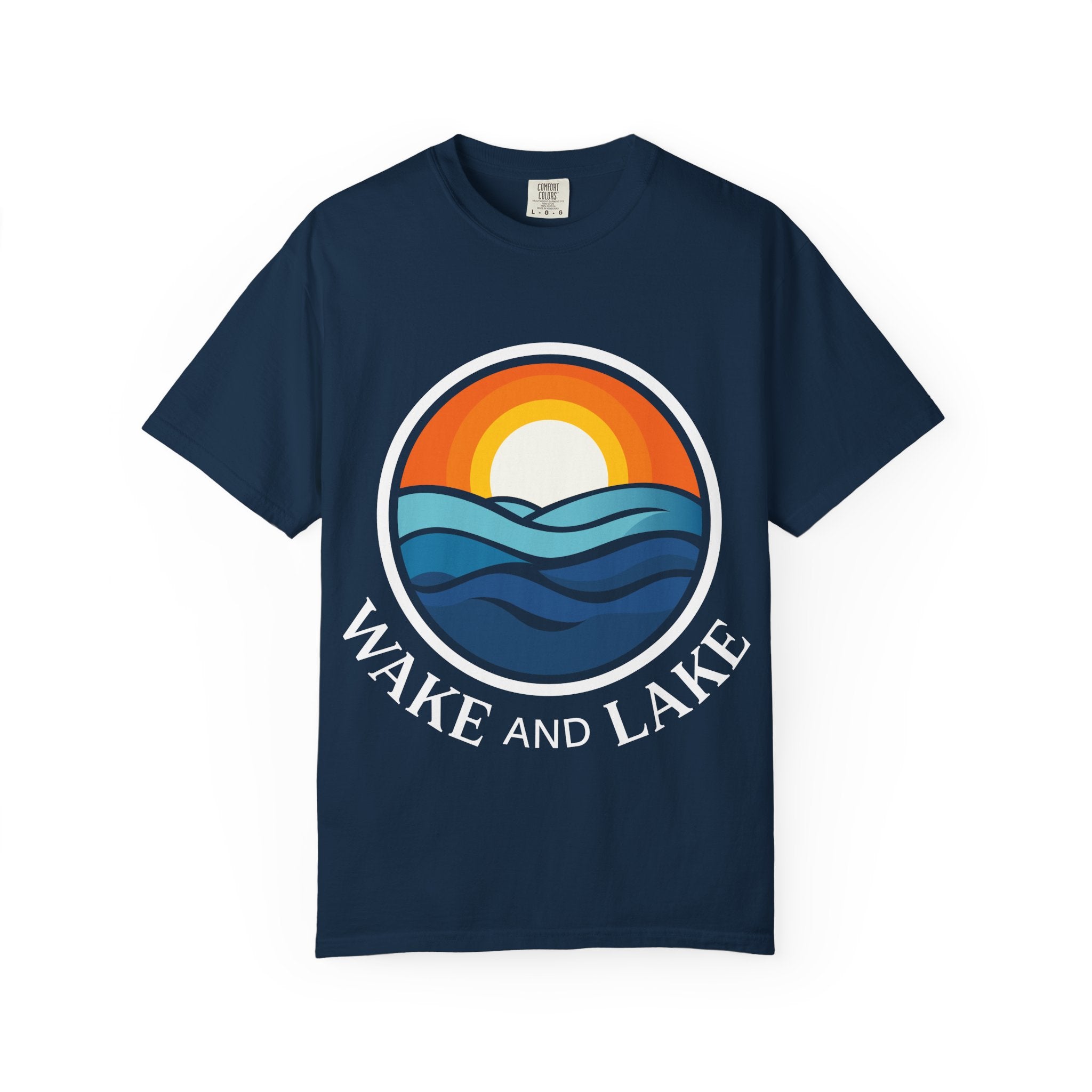 Wake and Lake Life Circle Crest Tee worn on a dock at sunset
Soft unisex lake life tee with bold circle crest graphic
Wake and Lake branded cotton t-shirt for summer boating
Circle crest logo tee for lake days and outdoor weekends

