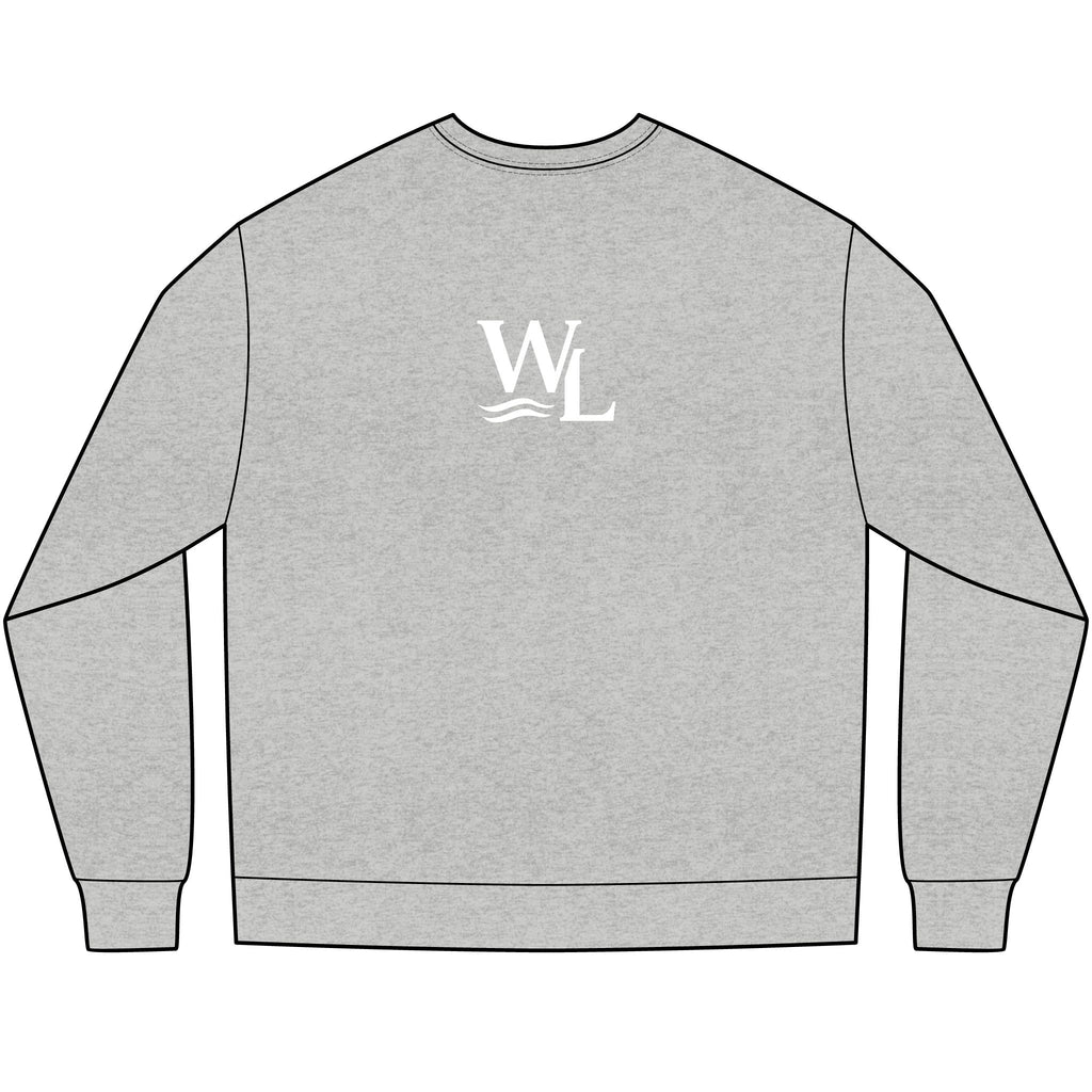Unisex, Grey long-sleeve tee with circle crest arch logo on the chest, and a WL monogram logo on the back, rearview
