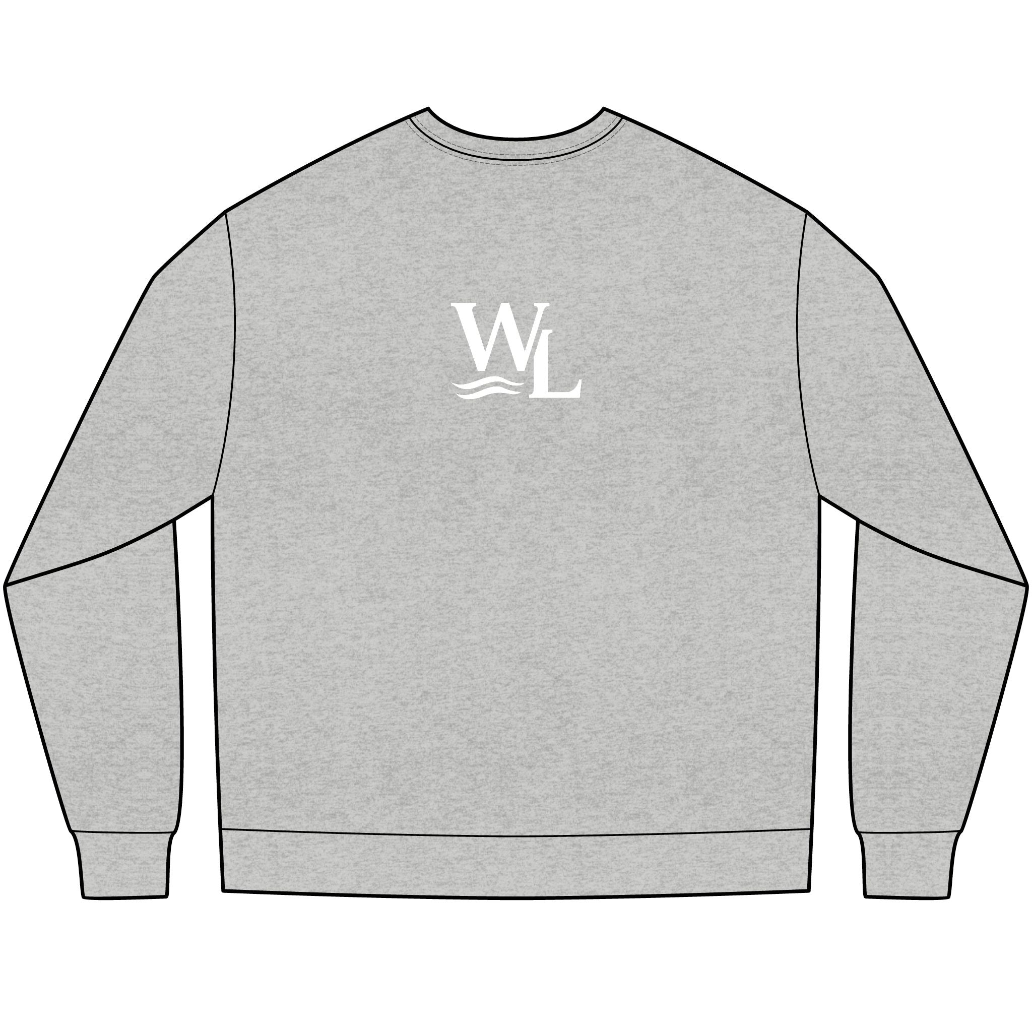 Unisex, Grey long-sleeve tee with circle crest arch logo on the chest, and a WL monogram logo on the back, rearview

