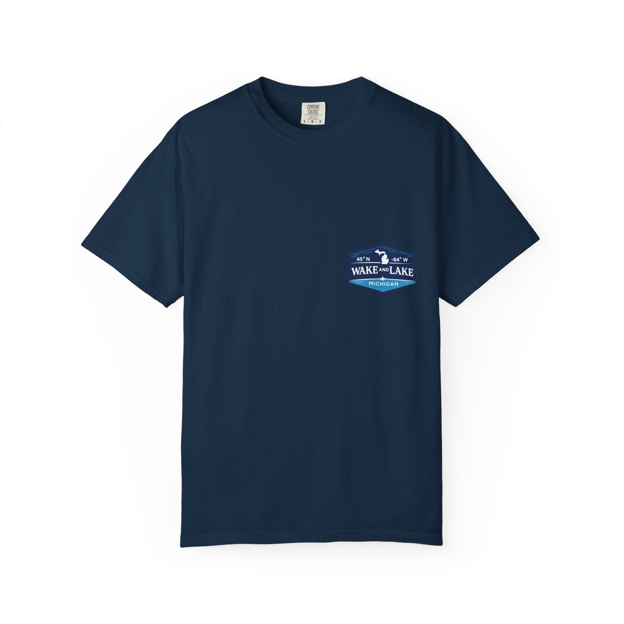 Wake and Lake Michigan Shield Tee worn on a Great Lakes dock
Bold Michigan crest graphic t-shirt for lake life
Michigan boating shirt with Wake and Lake shield logo
Unisex cotton tee with Michigan state pride lake graphic
