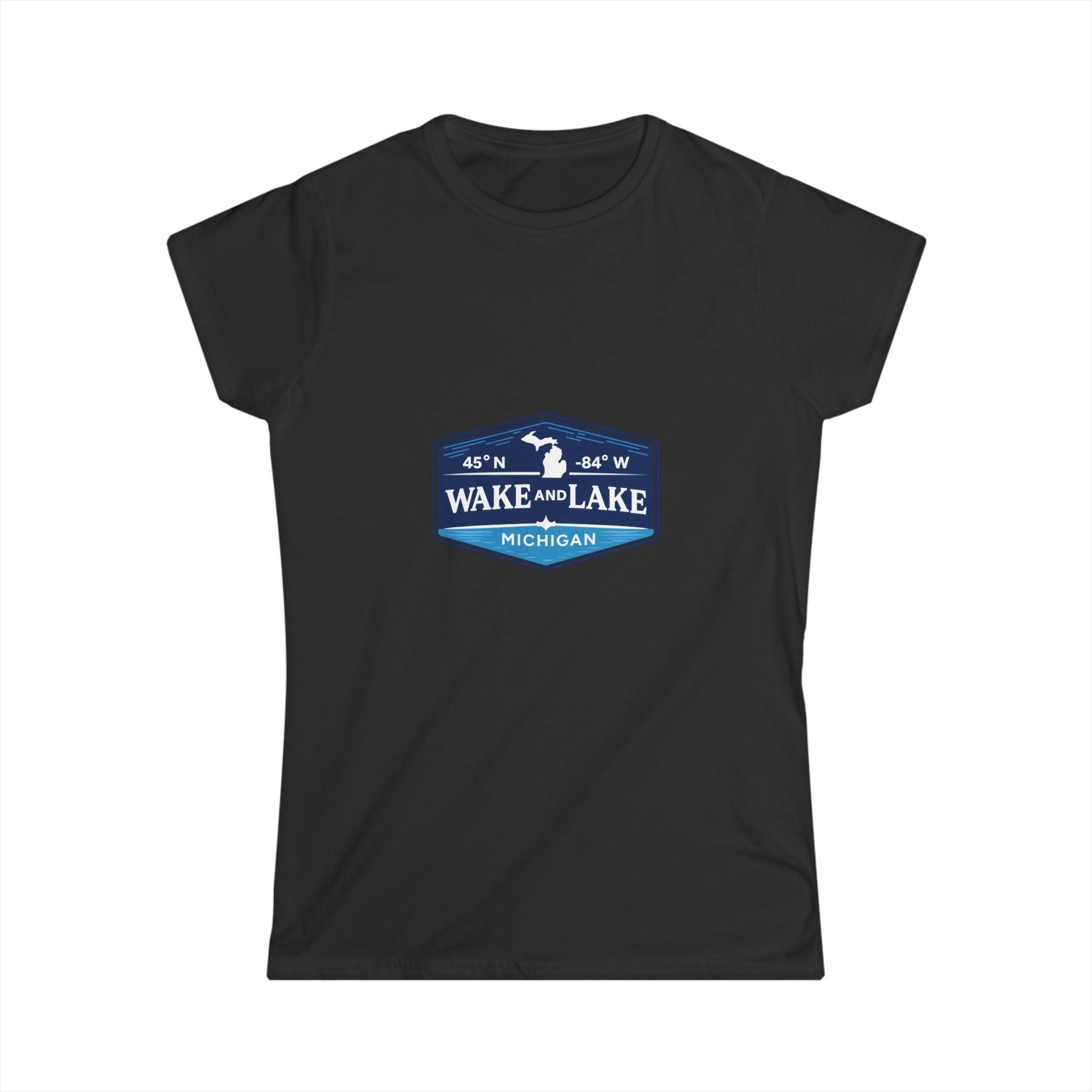 Wake and Lake Michigan Shield Women's Fitted Tee in black, front view