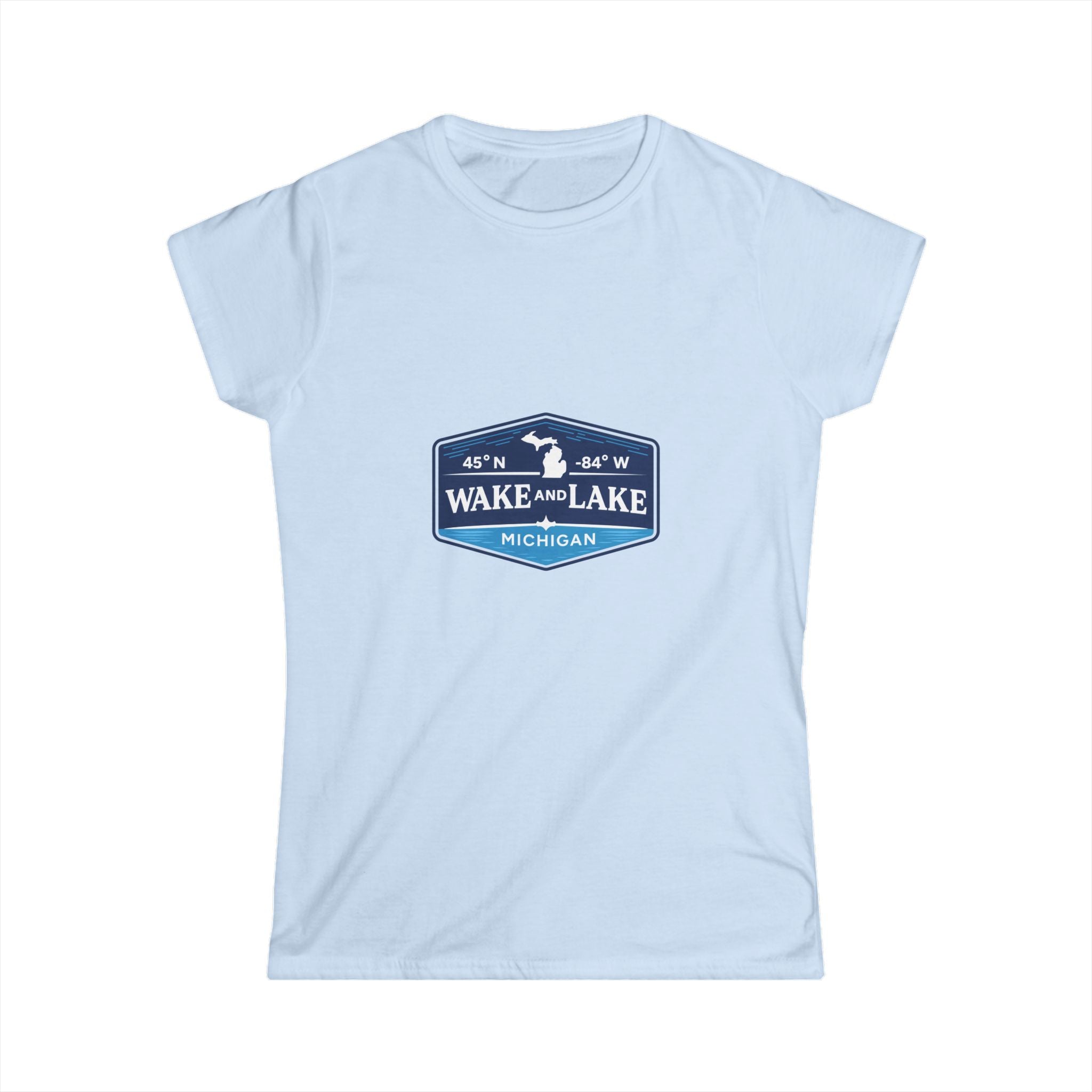 Wake and Lake Michigan Shield Women's Fitted Tee in light blue, front view