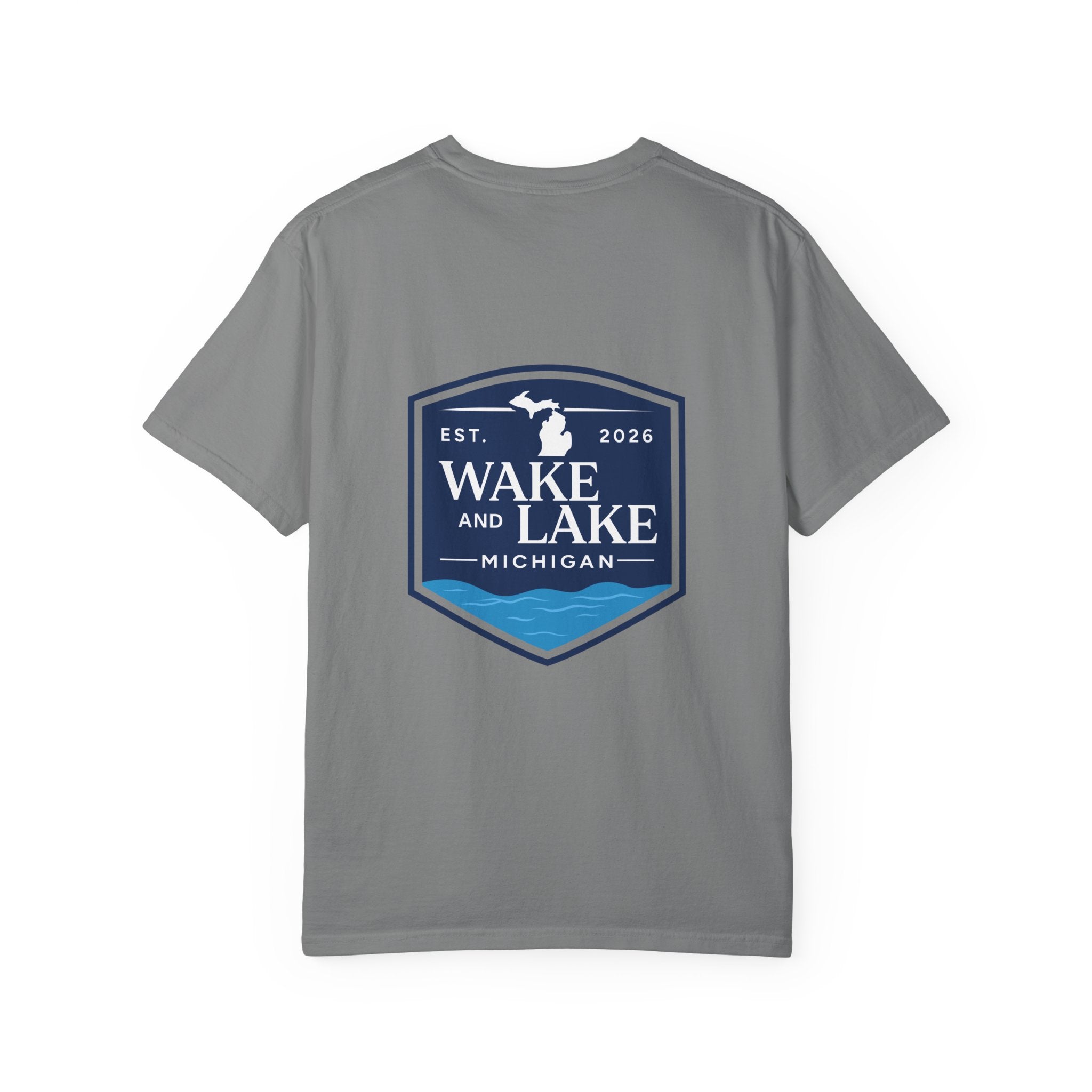 Wake and Lake Michigan Shield Tee worn on a Great Lakes dock
Bold Michigan crest graphic t-shirt for lake life
Michigan boating shirt with Wake and Lake shield logo
Unisex cotton tee with Michigan state pride lake graphic

