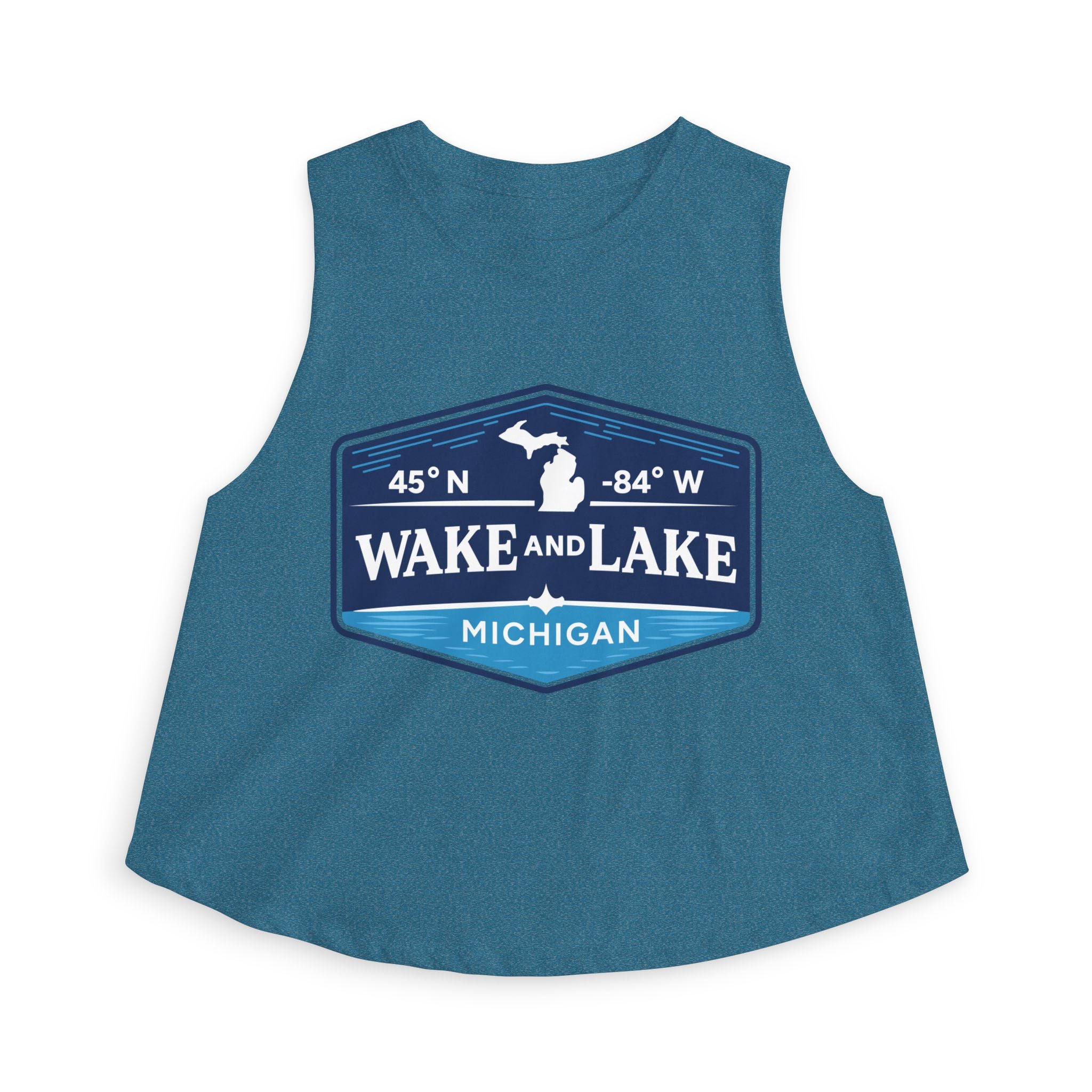 Wake and Lake Michigan Shield Women's Crop Tee – Fitted, sleeveless, blue, front view.