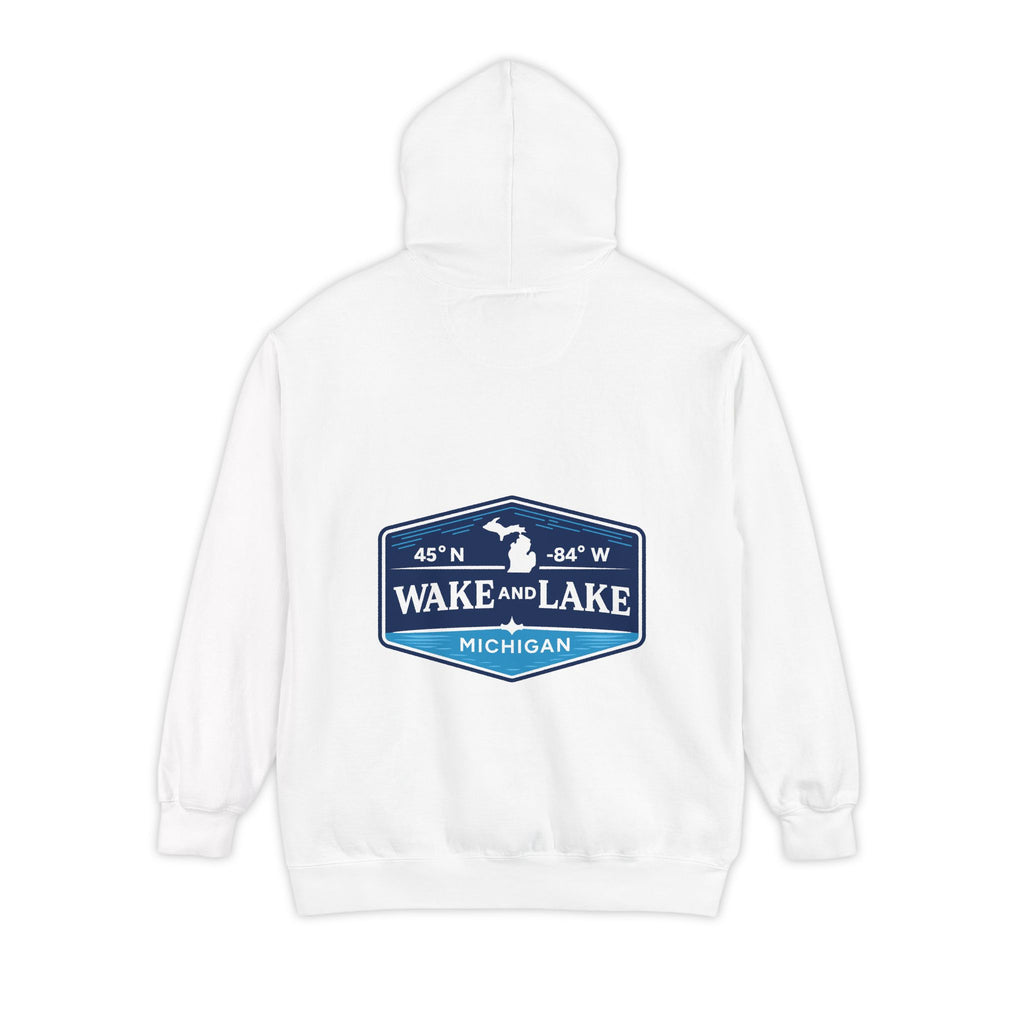 Wake and Lake Michigan Shield Hoodie – Premium in White, back view, with the 45°N -84°W coordinate badge across the shoulders.