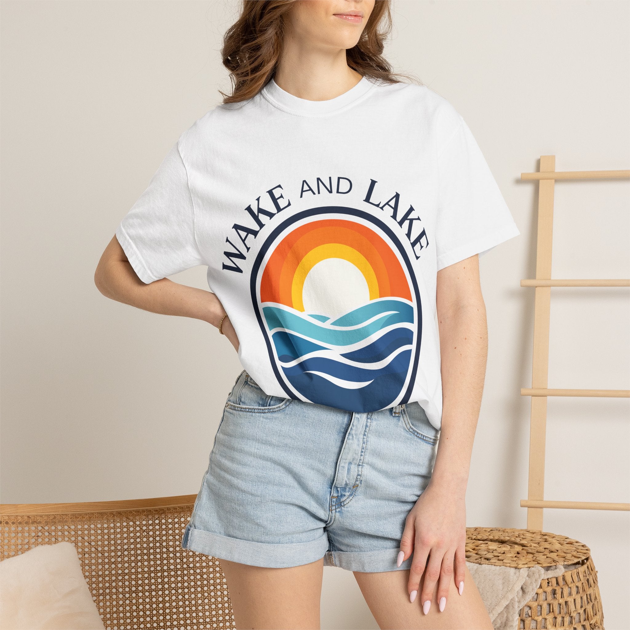 Wake and Lake Life Circle Crest Tee light color on a sunny lake day
White or sand-colored unisex lake t-shirt with circle crest logo
Light summer boating shirt with Wake and Lake branding
Breathable cotton lake life tee in light colorway
