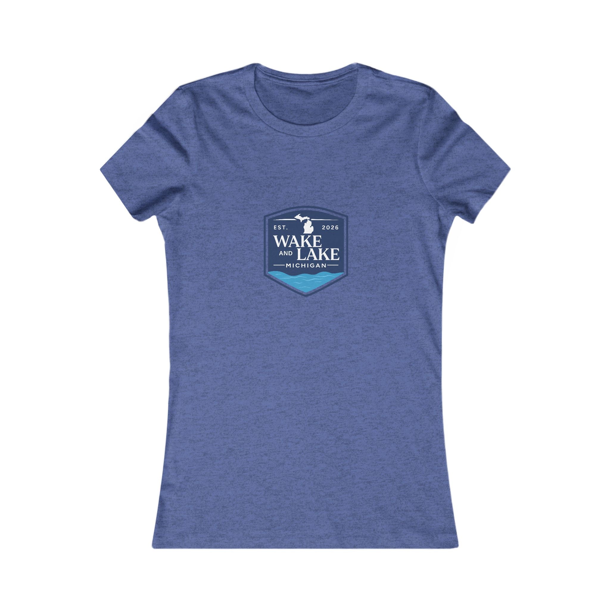 Wake and Lake Michigan Shield Women's Tee worn on a lakeside dock
Fitted women's Michigan lake life shirt with crest graphic
Women's Great Lakes boating tee with Michigan shield logo
Soft fitted women's cotton tee with Wake and Lake Michigan branding
