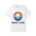 Wake and Lake Circle Crest Logo A tee worn lakeside
Soft cotton lake life t-shirt with circle crest logo A
Boating summer tee with Wake and Lake circle crest branding
Unisex circle crest graphic tee for lake weekends
