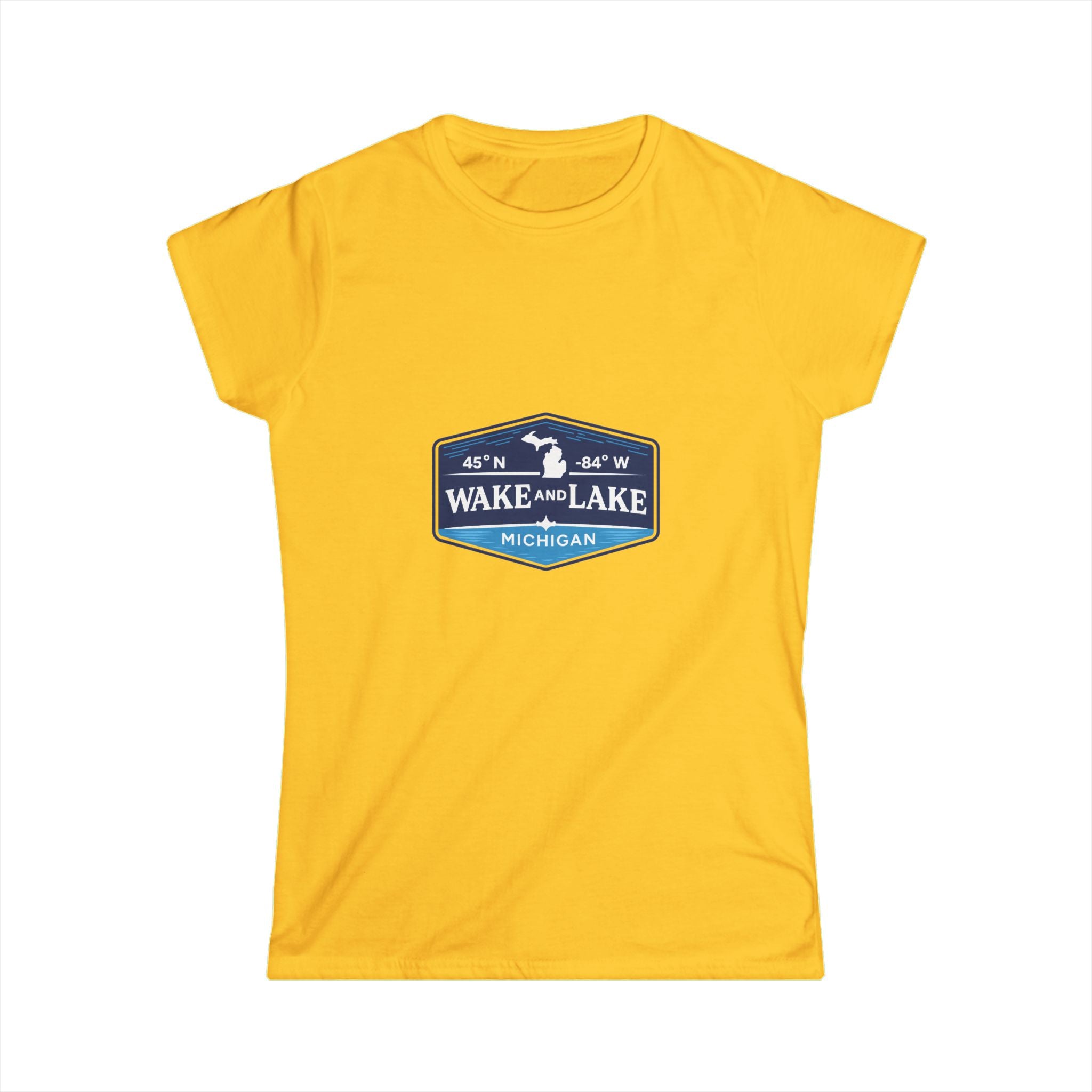 Wake and Lake Michigan Shield Women's Fitted Tee in yellow, front view