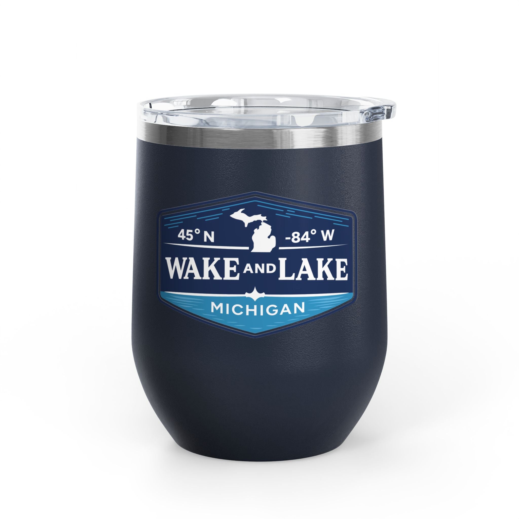 Wake and Lake Michigan Coordinate Badge Wine Tumbler on a sunset dock
Slim 12oz insulated wine tumbler with Michigan coordinate badge
Lake life wine glass tumbler with Michigan Great Lakes branding
Elegant Michigan coordinate badge drinkware gift for lake evenings
