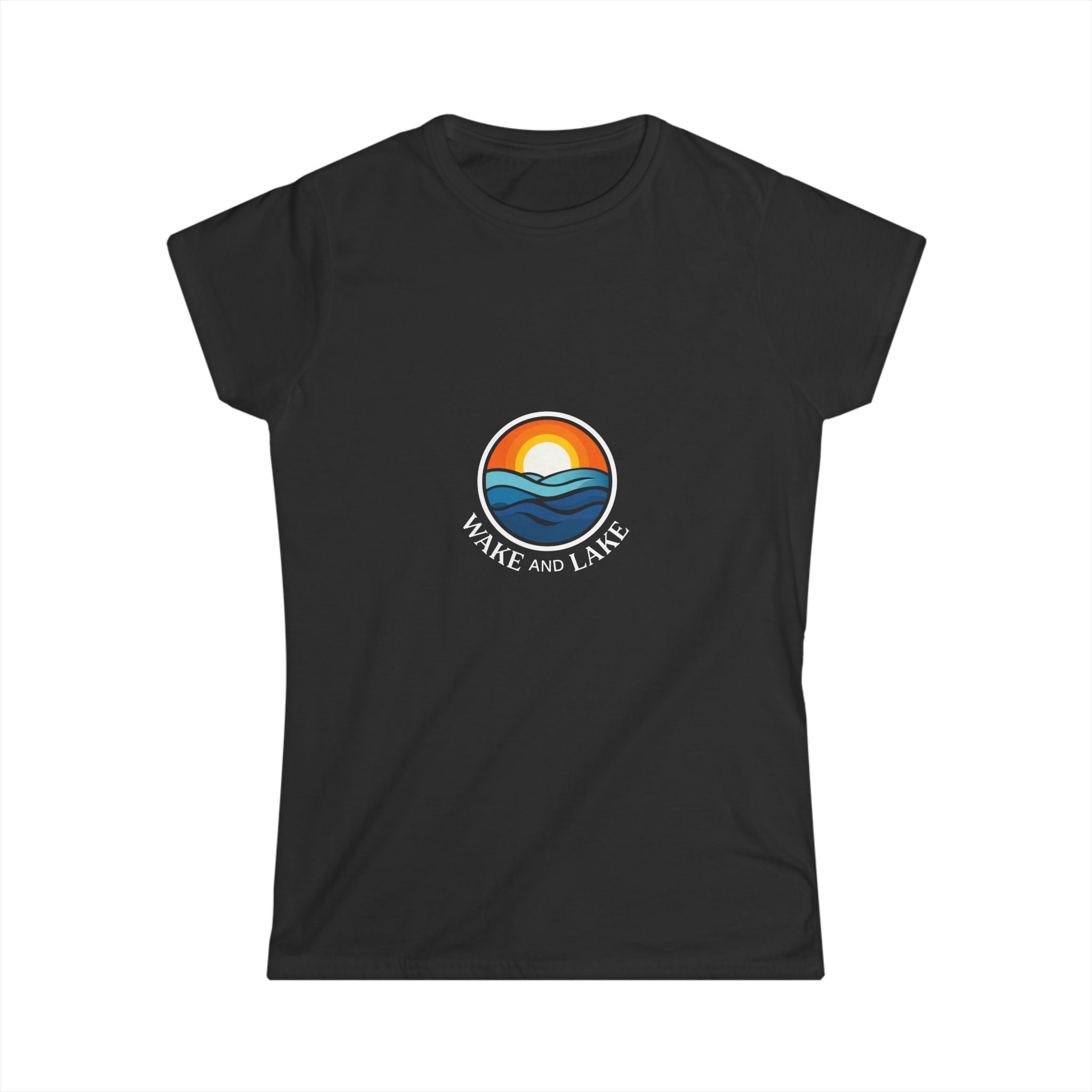 Wake and Lake Circle Crest Women's Fitted Tee, black, front view