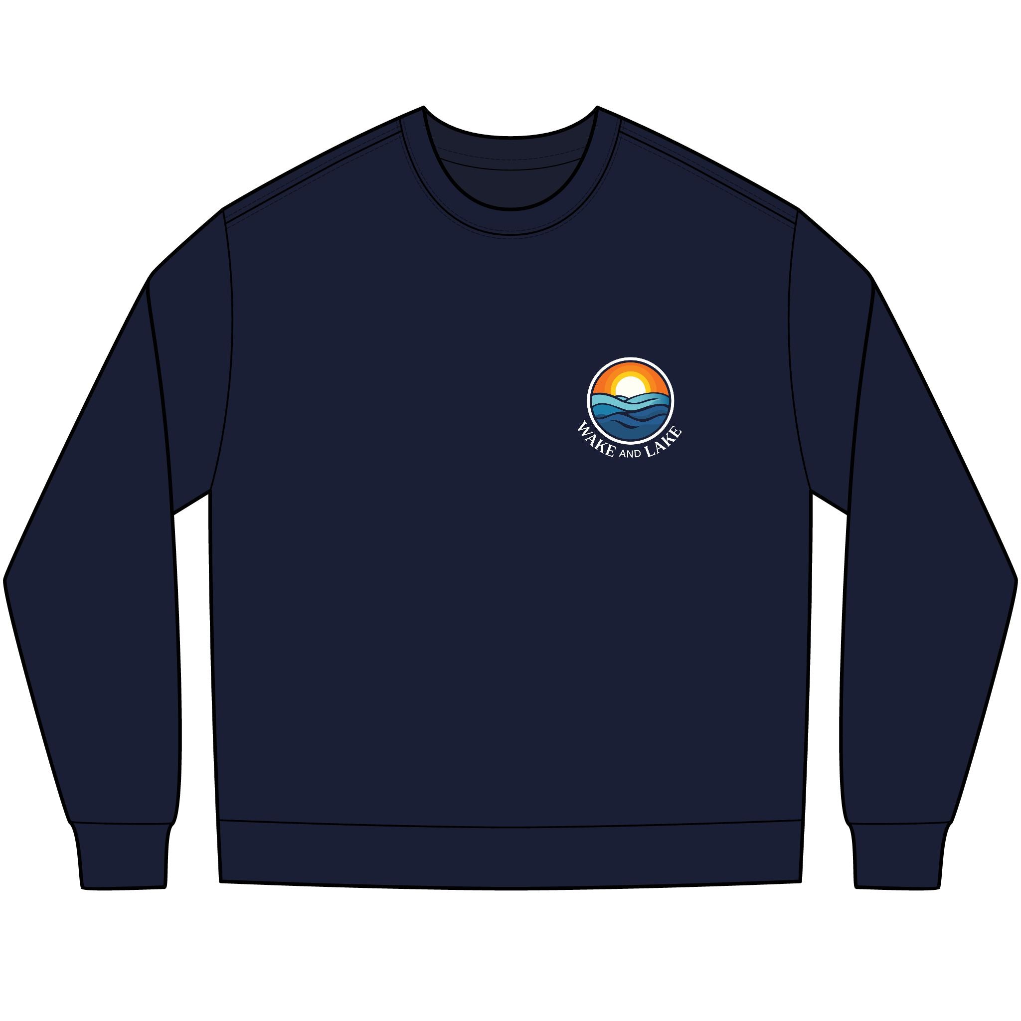 Unisex, Navy long-sleeve tee with circle crest arch logo on the chest, and a WL monogram logo on the back
