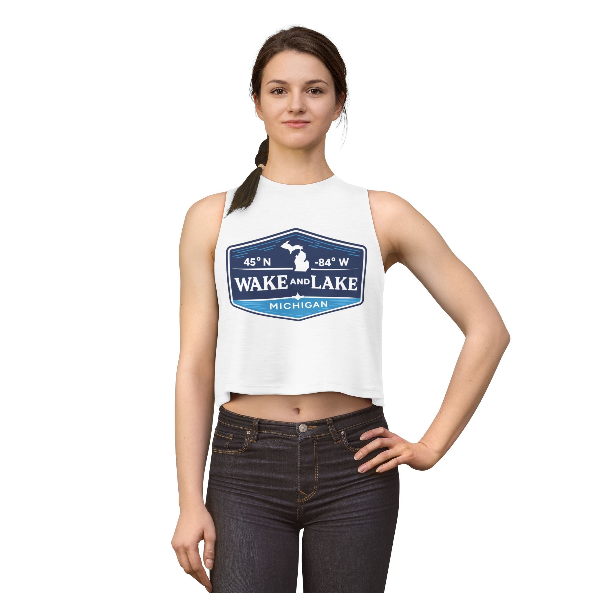 Wake and Lake Michigan Shield Women's Crop Tee – Fitted, sleeveless, white, front view on model