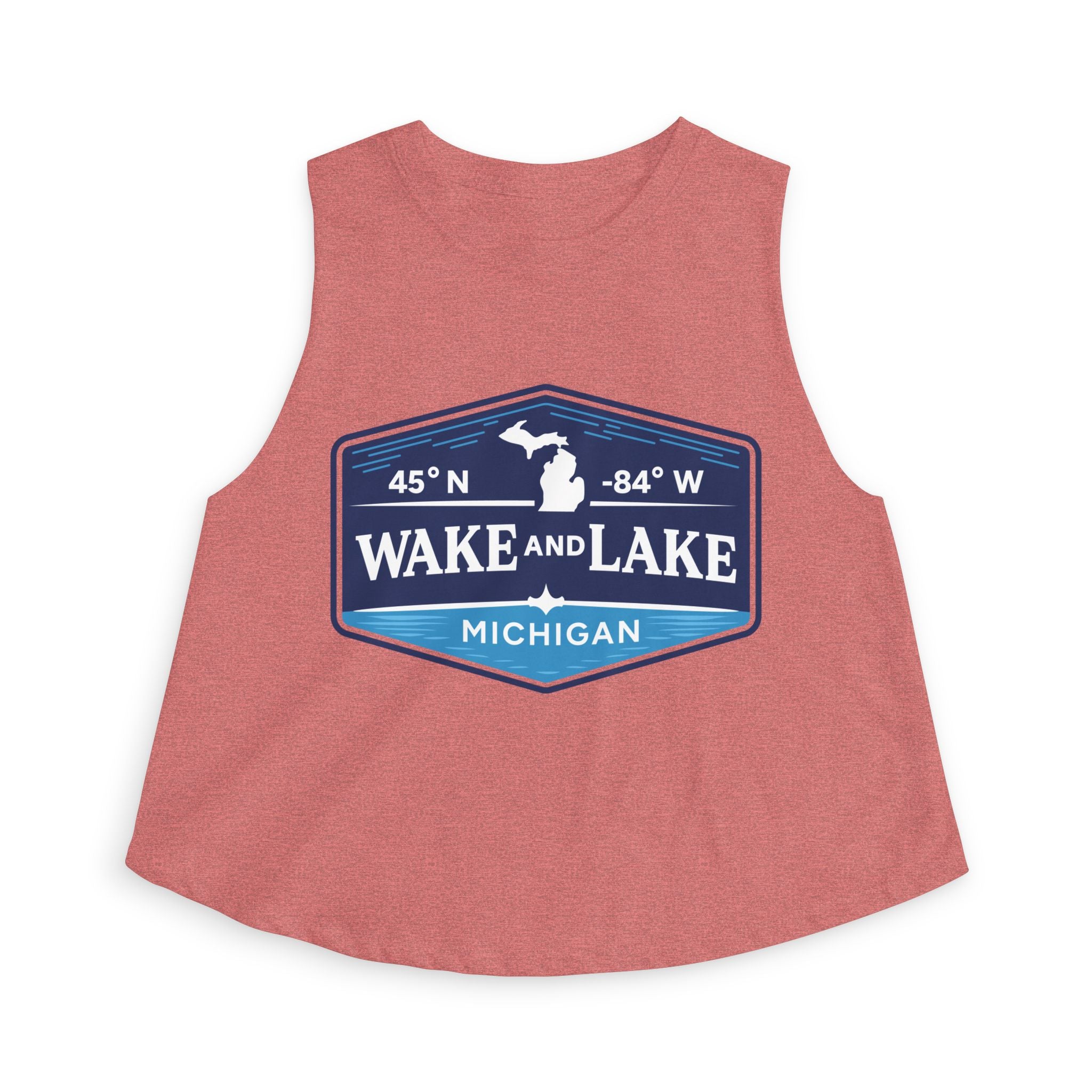 Wake and Lake Michigan Shield Women's Crop Tee – Fitted, sleeveless, orange, front view