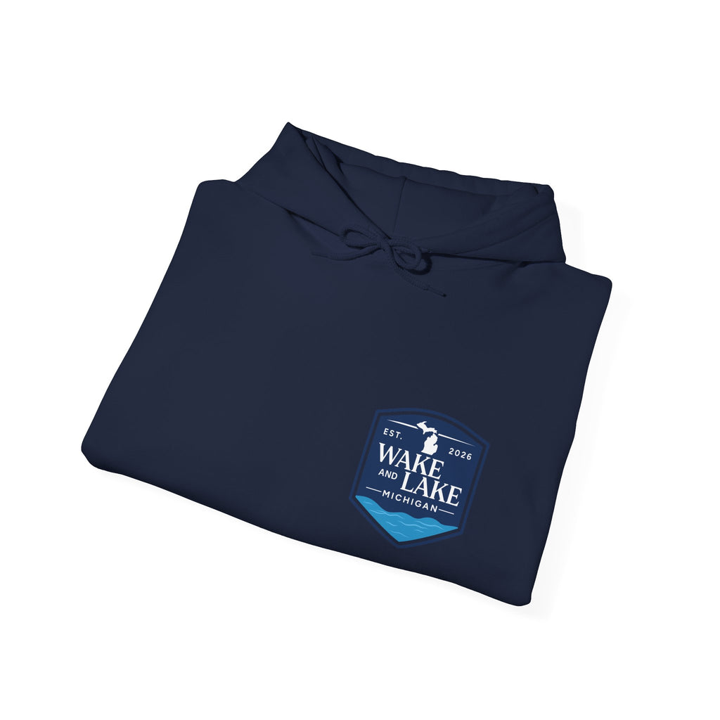 Wake and Lake Michigan Shield Hoodie worn on a foggy Great Lakes morning
Midweight Michigan crest sweatshirt for lake life
Michigan boating hoodie with bold shield graphic and Wake and Lake branding
Unisex Great Lakes fleece hoodie with Michigan shield crest
