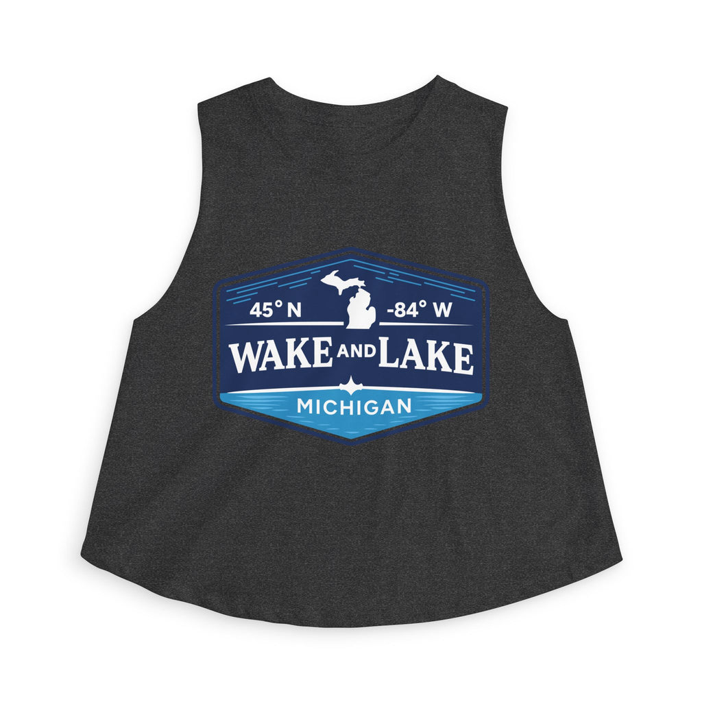 Wake and Lake Michigan Shield Women's Crop Tee – Fitted, sleeveless, black, front view.
