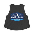 Wake and Lake Michigan Shield Women's Crop Tee – Fitted, sleeveless, black, front view.