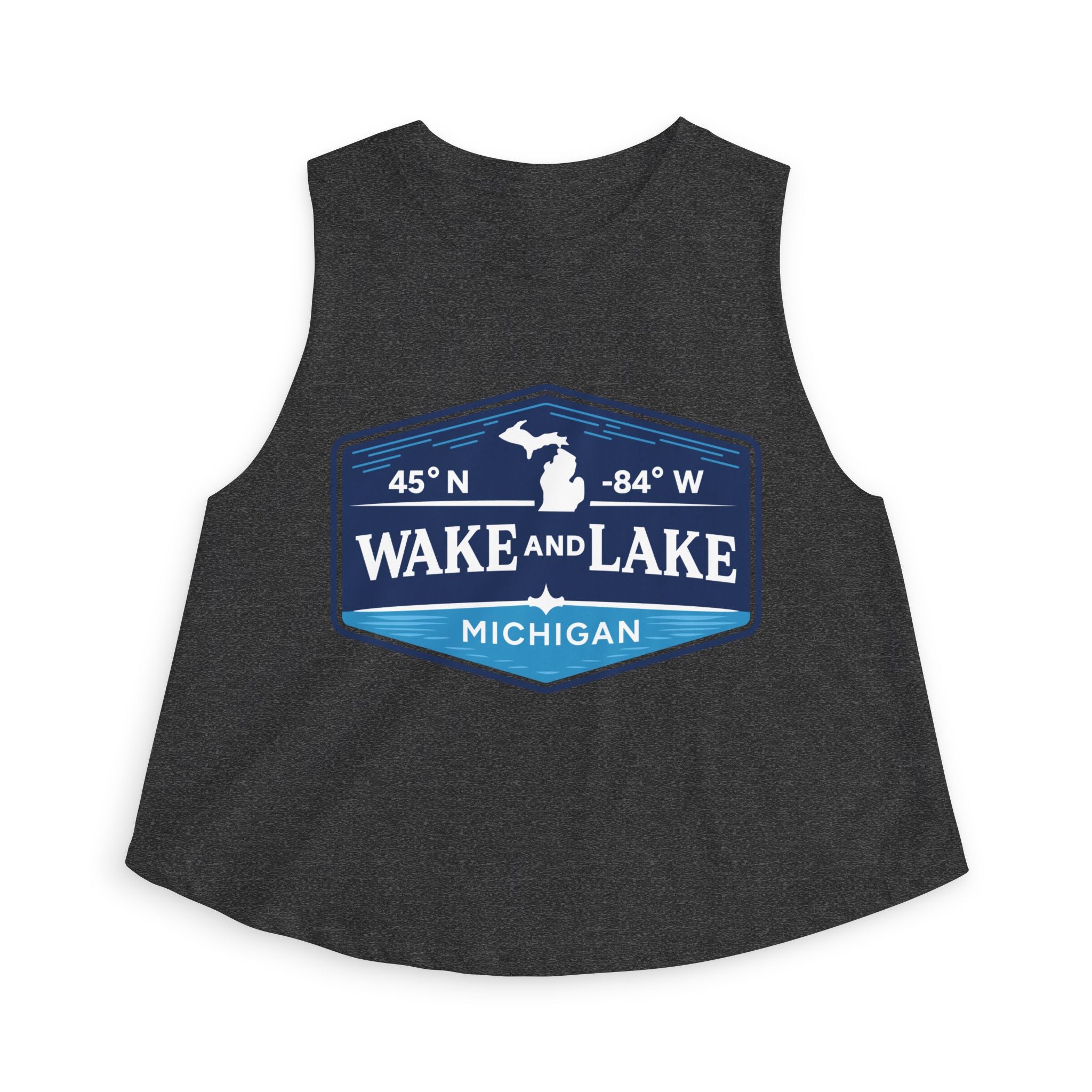 Wake and Lake Michigan Shield Women's Crop Tee – Fitted, sleeveless, black, front view.