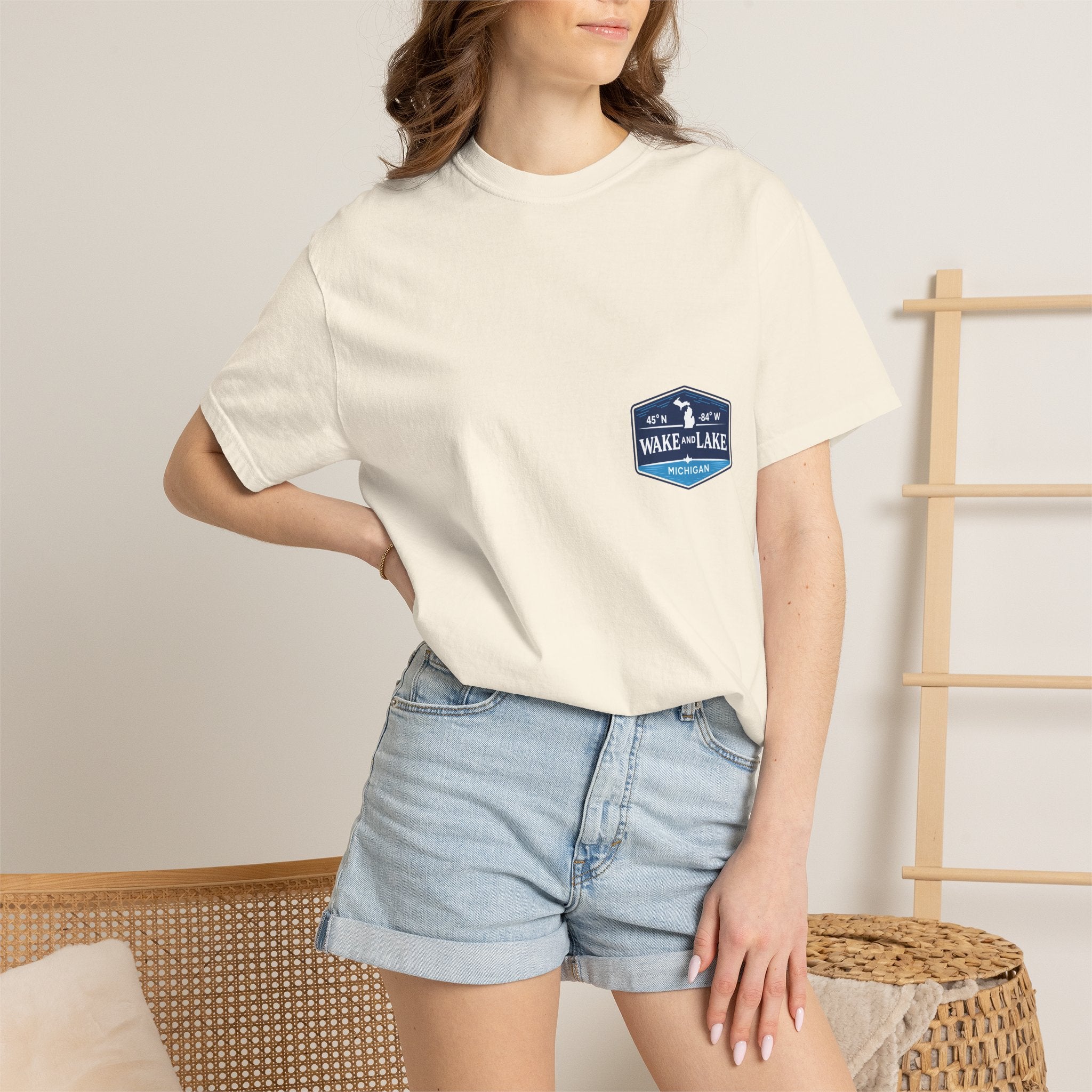 Wake and Lake Michigan Shield Tee worn on a Great Lakes dock
Bold Michigan crest graphic t-shirt for lake life
Michigan boating shirt with Wake and Lake shield logo
Unisex cotton tee with Michigan state pride lake graphic
