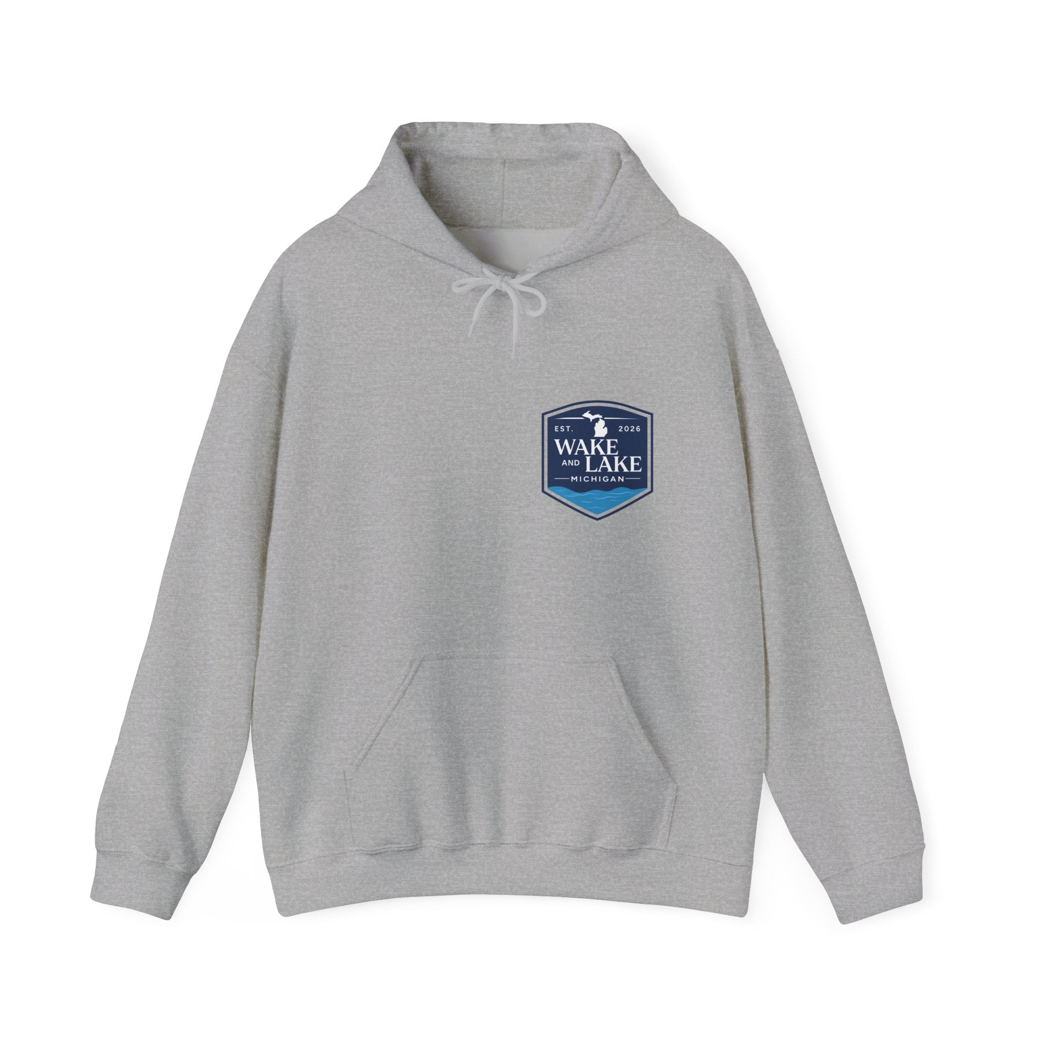Wake and Lake Michigan Shield Hoodie worn on a foggy Great Lakes morning
Midweight Michigan crest sweatshirt for lake life
Michigan boating hoodie with bold shield graphic and Wake and Lake branding
Unisex Great Lakes fleece hoodie with Michigan shield crest
