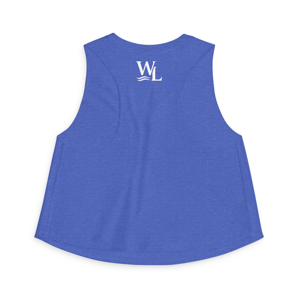 Wake and Lake Michigan Shield Women's Crop Tee – Fitted, sleeveless, blue, back view with WL logo