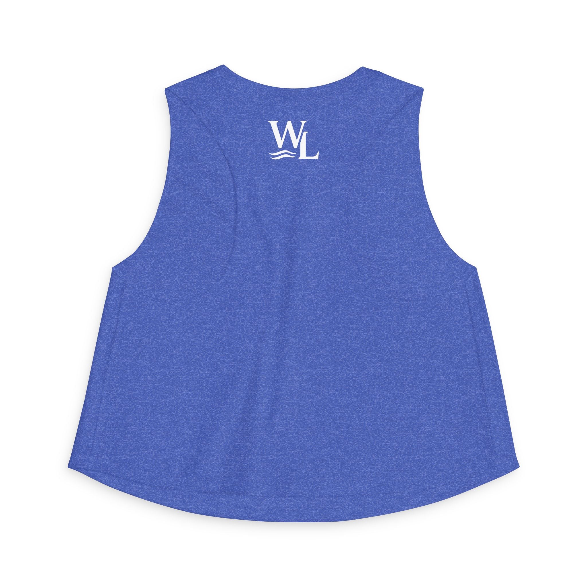 Wake and Lake Michigan Shield Women's Crop Tee – Fitted, sleeveless, blue, back view with WL logo
