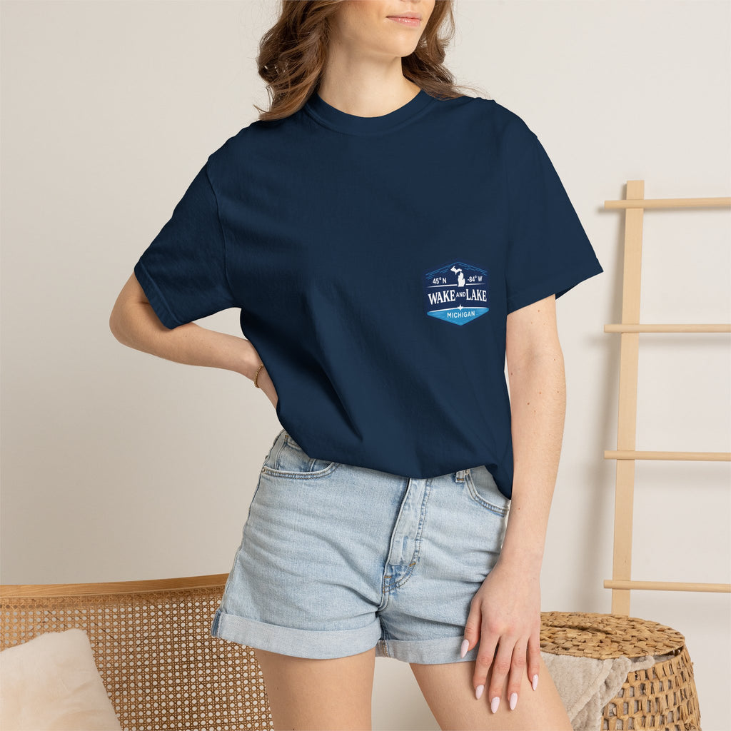 Wake and Lake Michigan Shield Tee worn on a Great Lakes dock
Bold Michigan crest graphic t-shirt for lake life
Michigan boating shirt with Wake and Lake shield logo
Unisex cotton tee with Michigan state pride lake graphic
