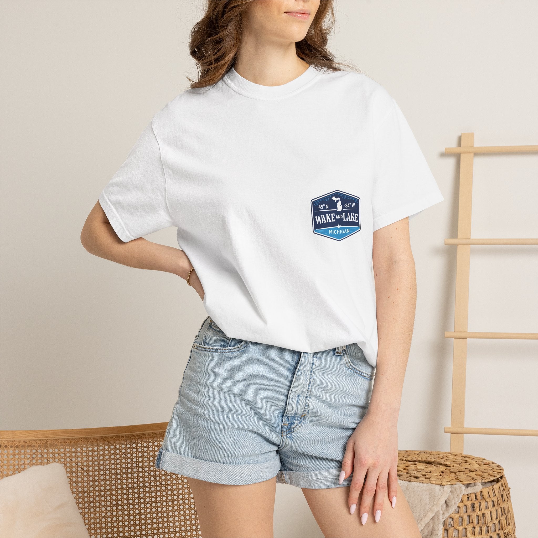 Wake and Lake Michigan Shield Tee worn on a Great Lakes dock
Bold Michigan crest graphic t-shirt for lake life
Michigan boating shirt with Wake and Lake shield logo
Unisex cotton tee with Michigan state pride lake graphic
