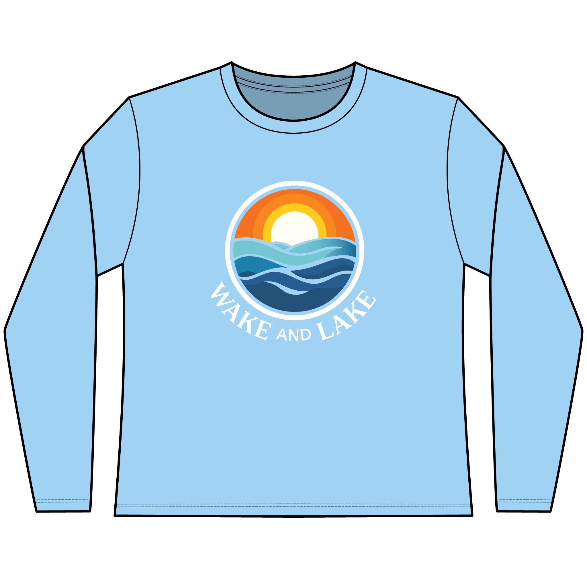 Women's Light blue, UV Pro long-sleeve shirt with 'Wake and Lake' logo on a white background

