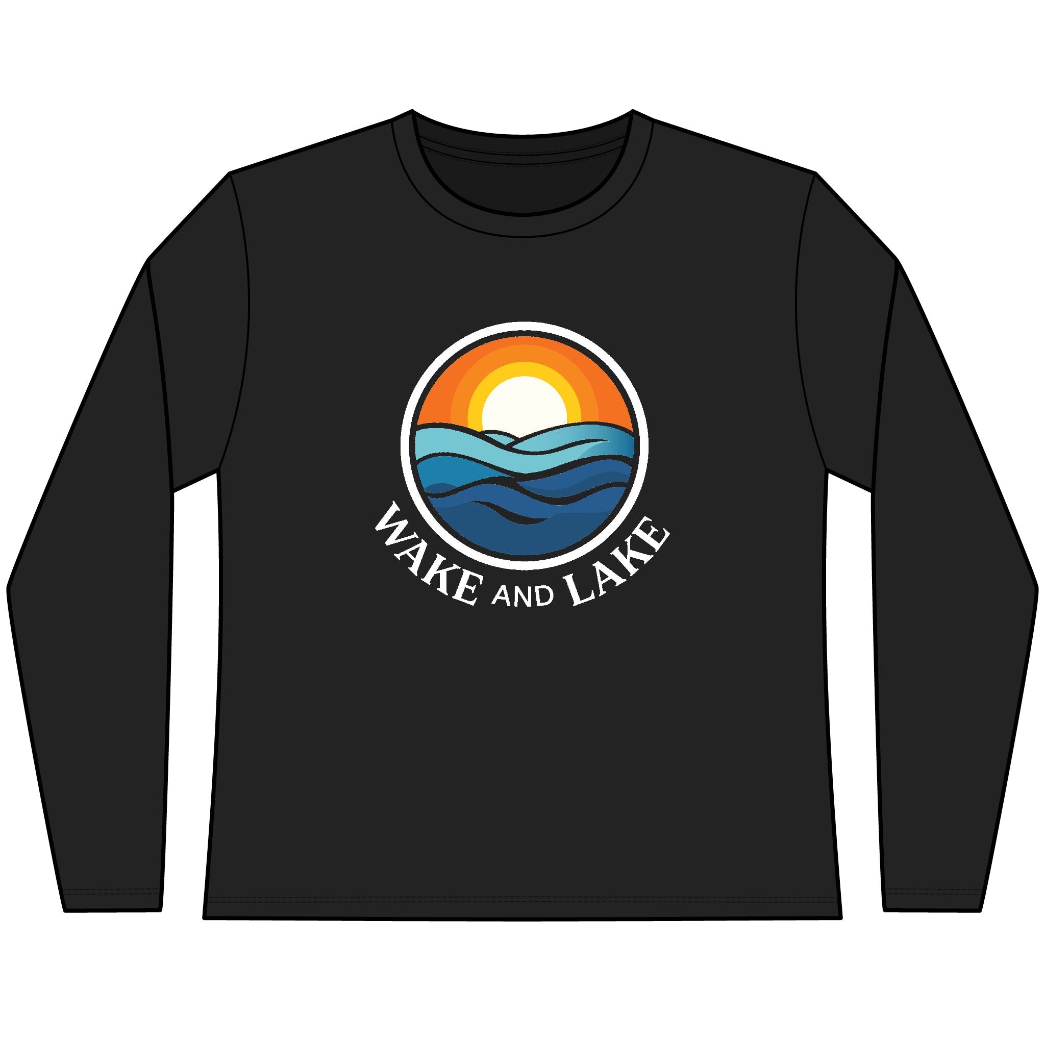 Women's Black, UV Pro, Long-sleeve shirt with 'Wake and Lake' graphic design on a white background

