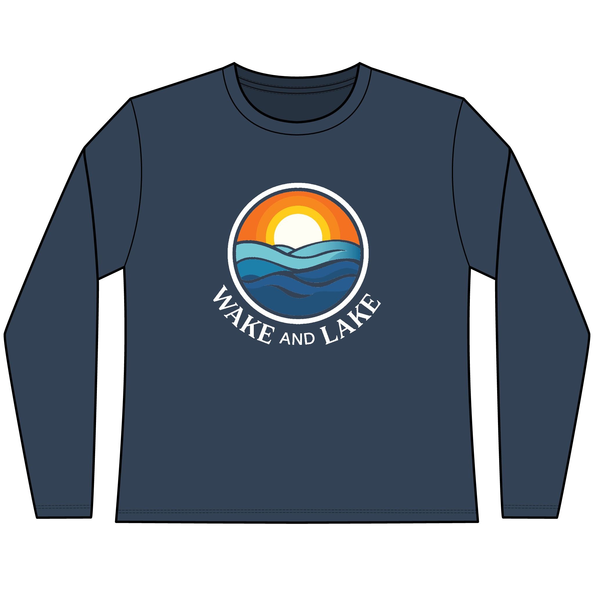 Women's Navy, UV Pro, long sleeve with Wake and Lake Circle Crest Arch logo