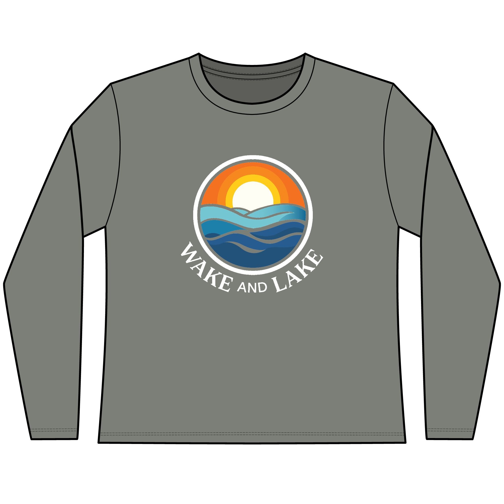 Women's, Grey, UV Pro, long-sleeve shirt with 'Wake and Lake' graphic design on a white background

